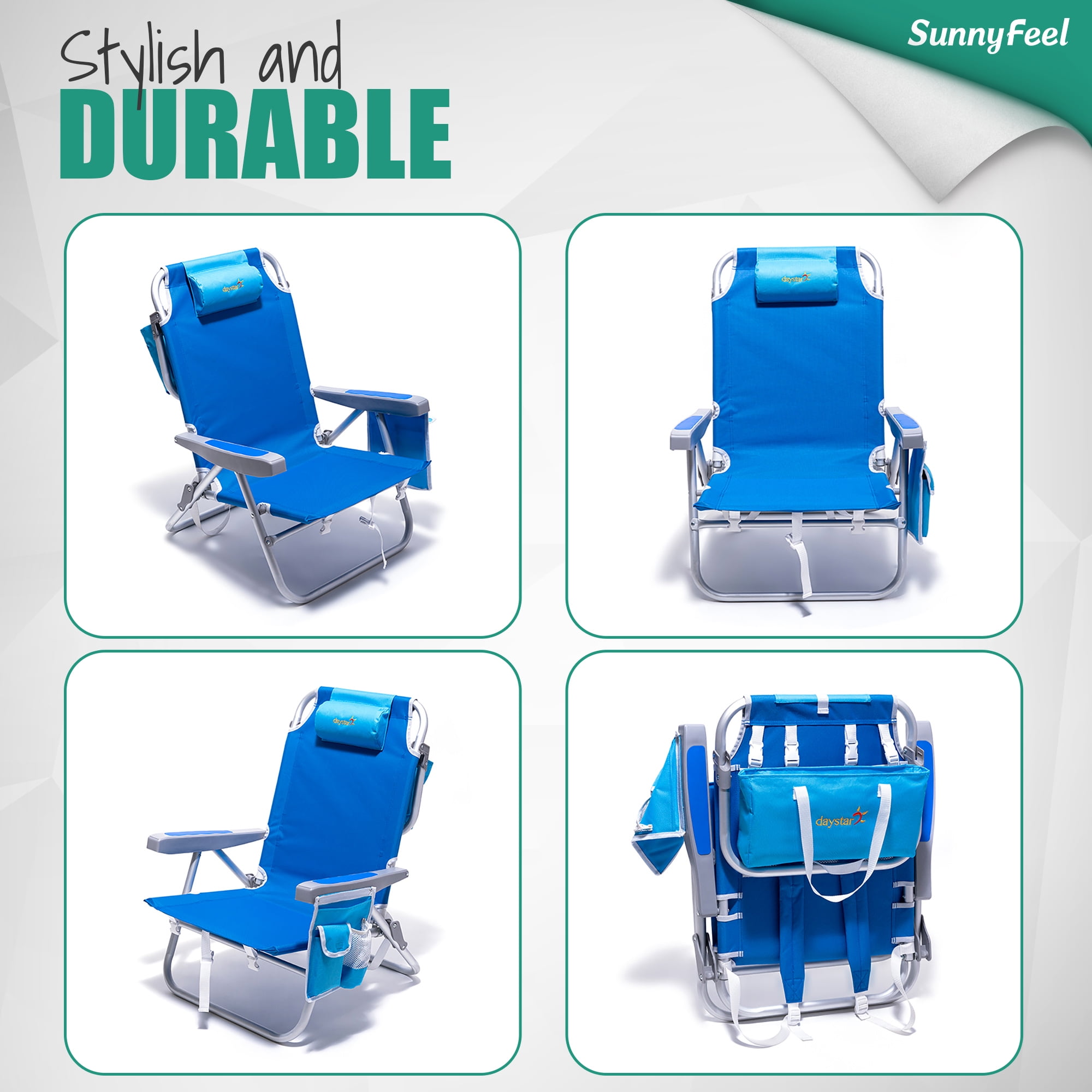 Sunnyfeel Low Beach Chair 5-Position Reclining Folding Backpack Chair with Cooler Bag (Blue, 31.5 in x 21.6 in x 2.6 in) 6ywnf