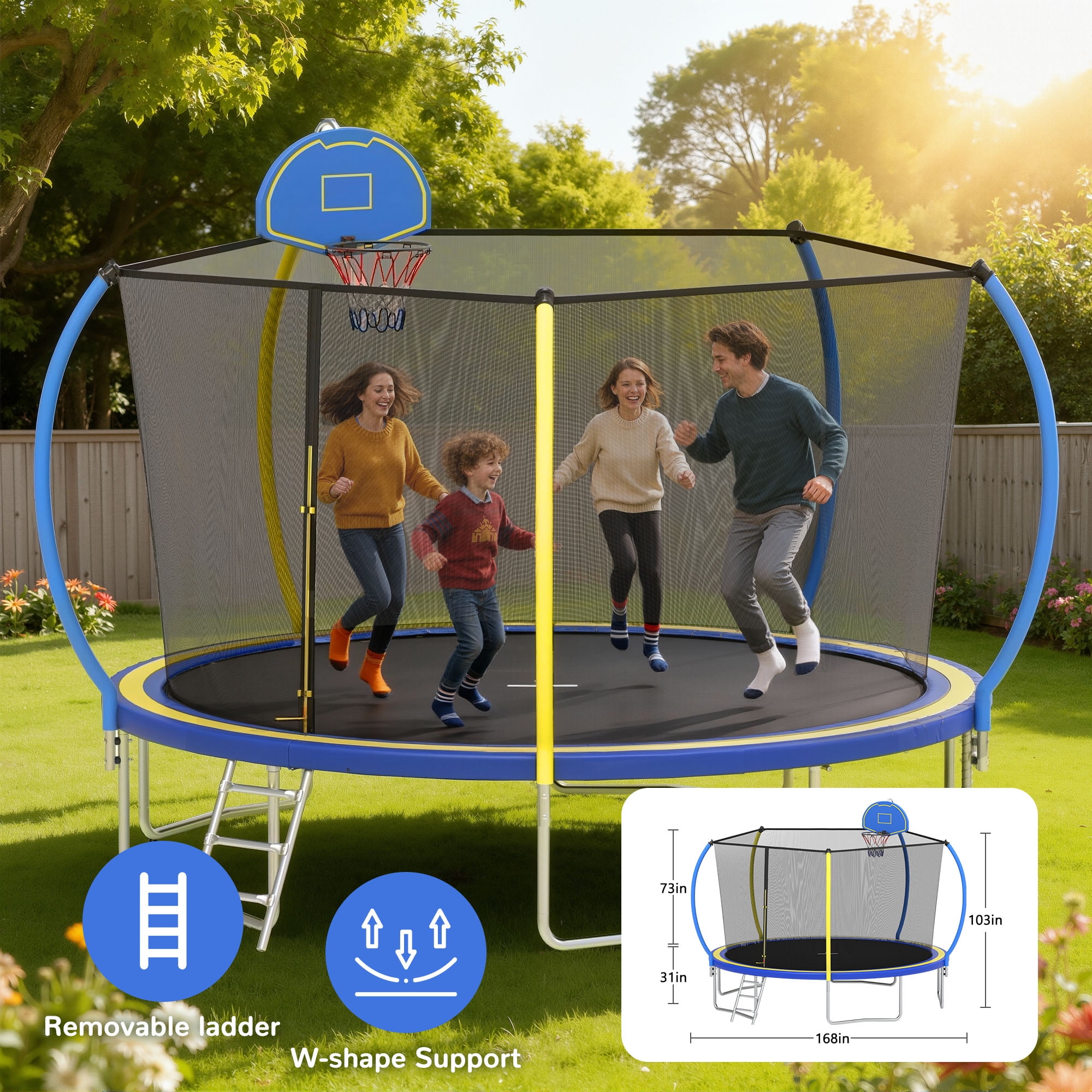 Seizeen 12 ft Round Trampoline with Enclosure Net, Basketball Hoop, Ladder, and Waterproof Cover (Blue, 12 ft) 3k4ac