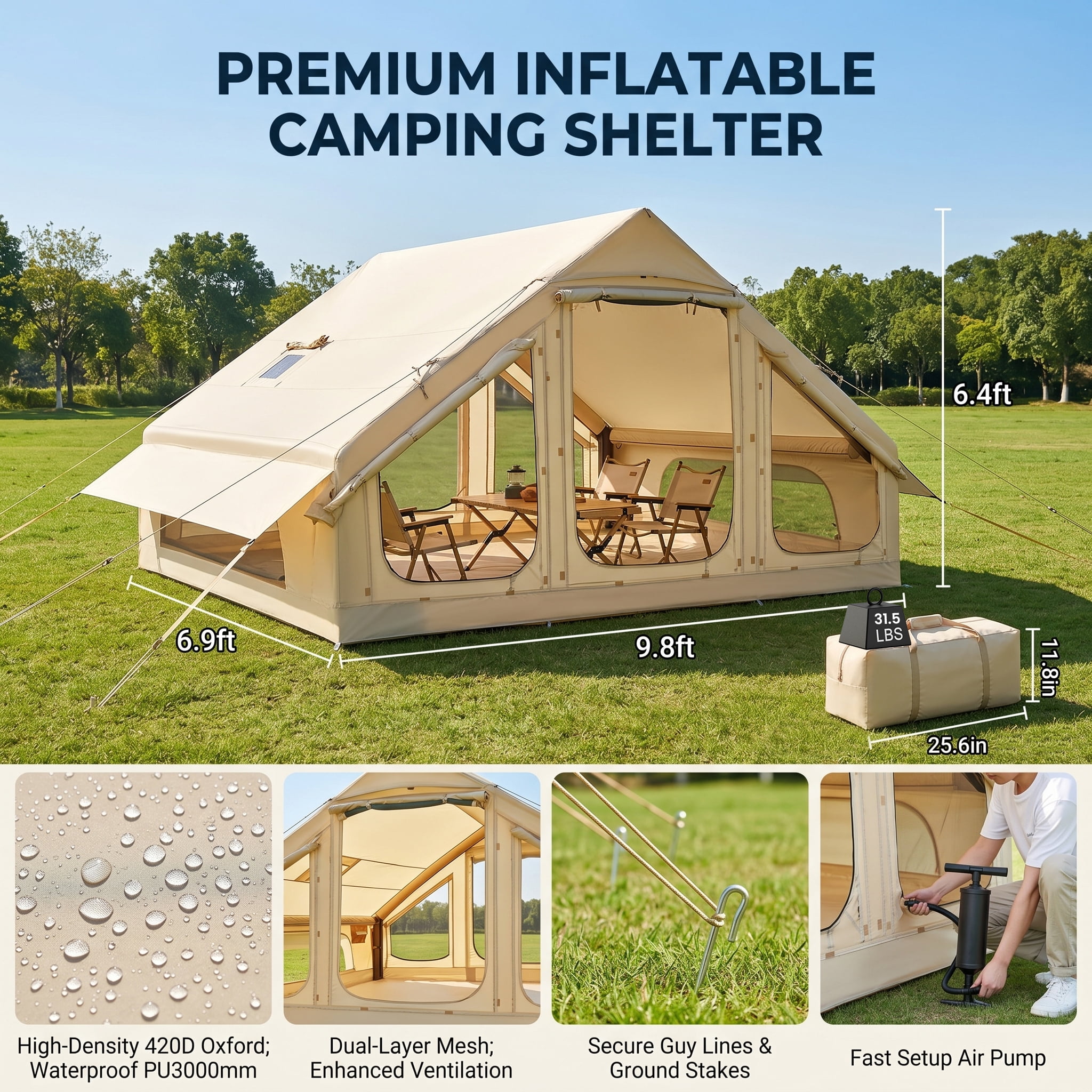 Lilypelle Inflatable Camping Tent with Stove Jack, Waterproof 4-6 Person Glamping House (Beige, 9.8 ft x 6.9 ft x 6.4 ft) i913e