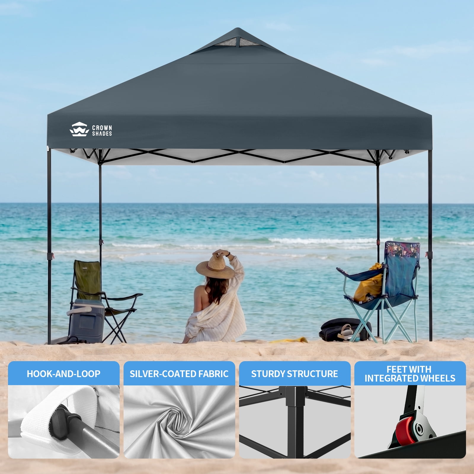 Crown Shades 10x10 Pop Up Canopy Tent with Patented One Push Center Lock (Grey, 10 ft x 10 ft) q6jse