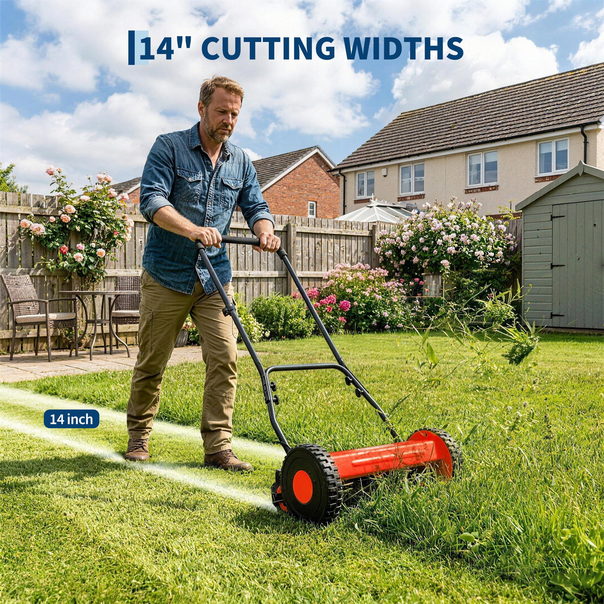 Lumiparty 14 in 5-Blade Manual Push Reel Lawn Mower, Adjustable Height Grass Cutter (Red, 14 in) yfq7w