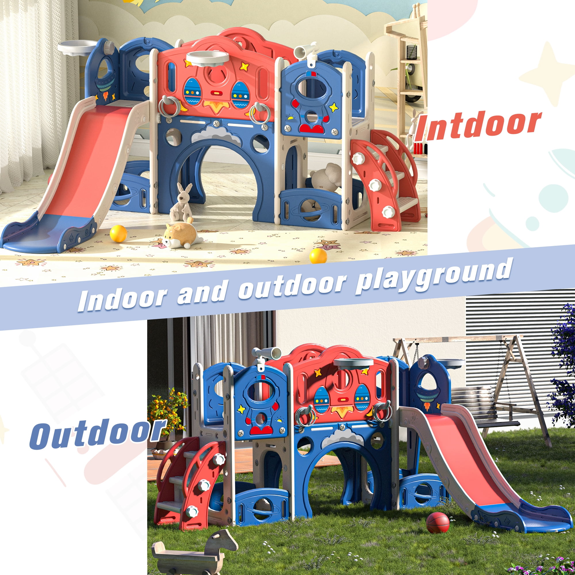 Nyeekoy 7-in-1 Kids Slide and Climber Playset with Basketball Hoop (Blue) nekk4