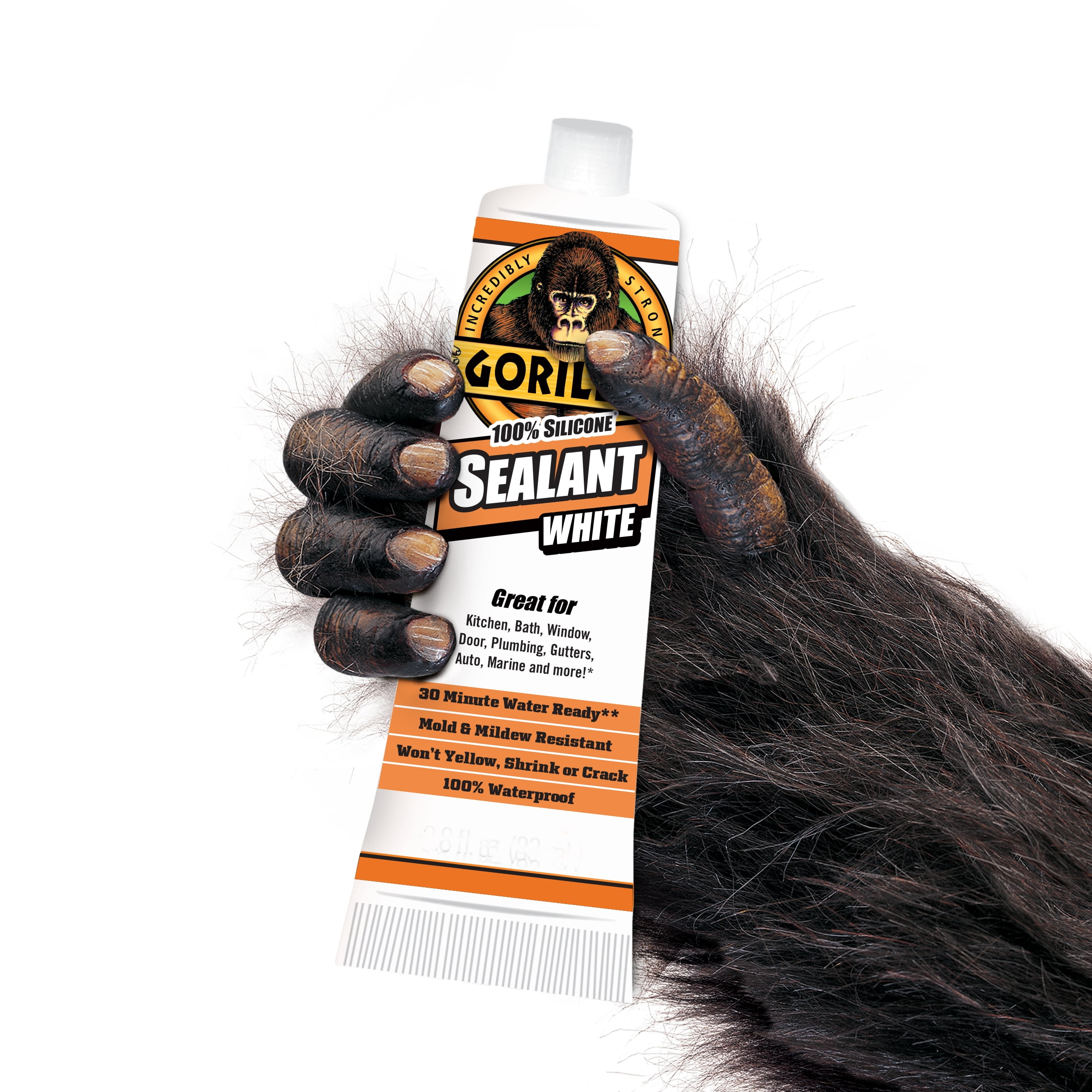 Gorilla Waterproof Silicone Sealant, Mold and Mildew Resistant Caulk for Kitchen and Bath (White, 2.8 oz) wqwgc