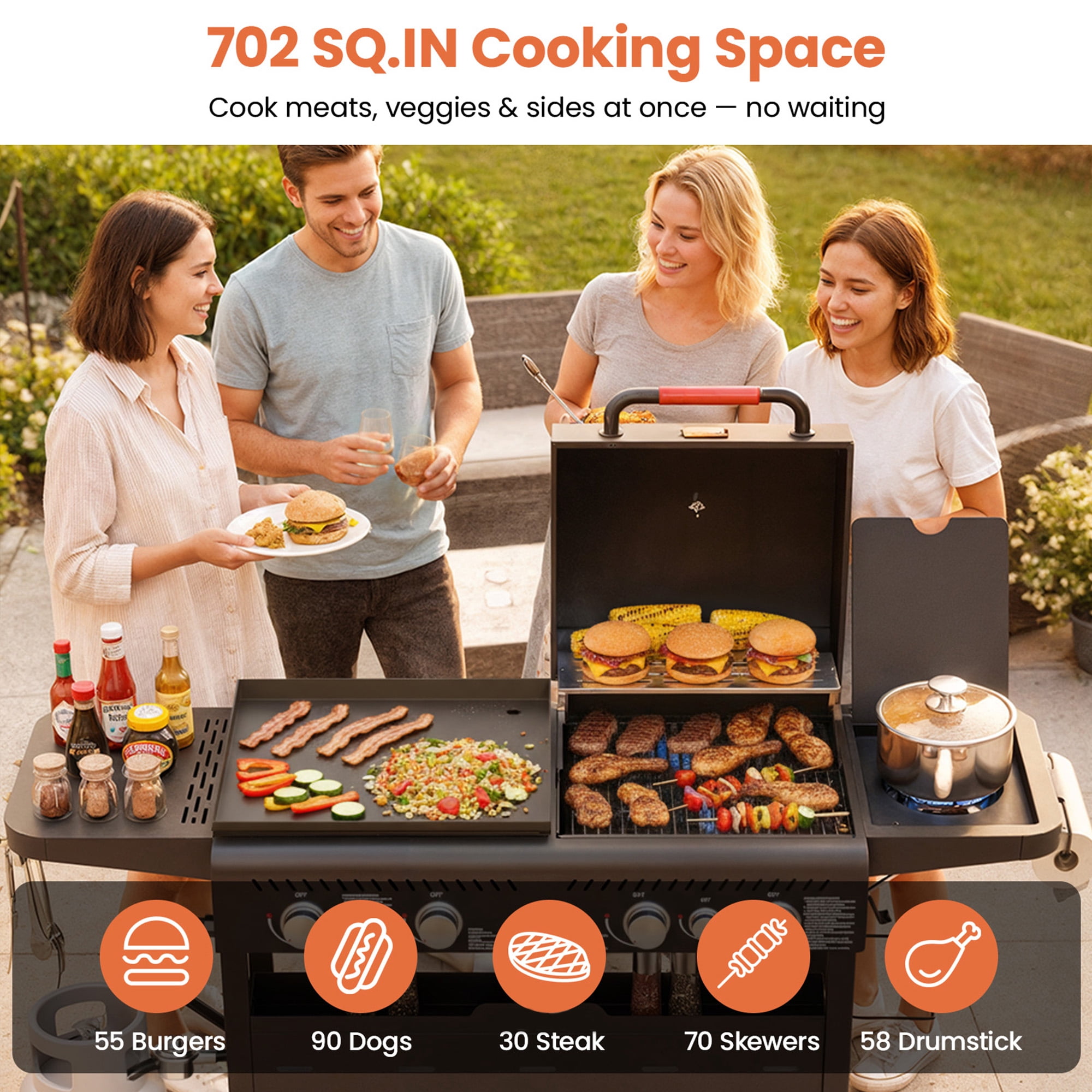Tcisa 5-Burner Gas Grill and Griddle Combo with Side Burner (Black, 702 sq in) 0kive