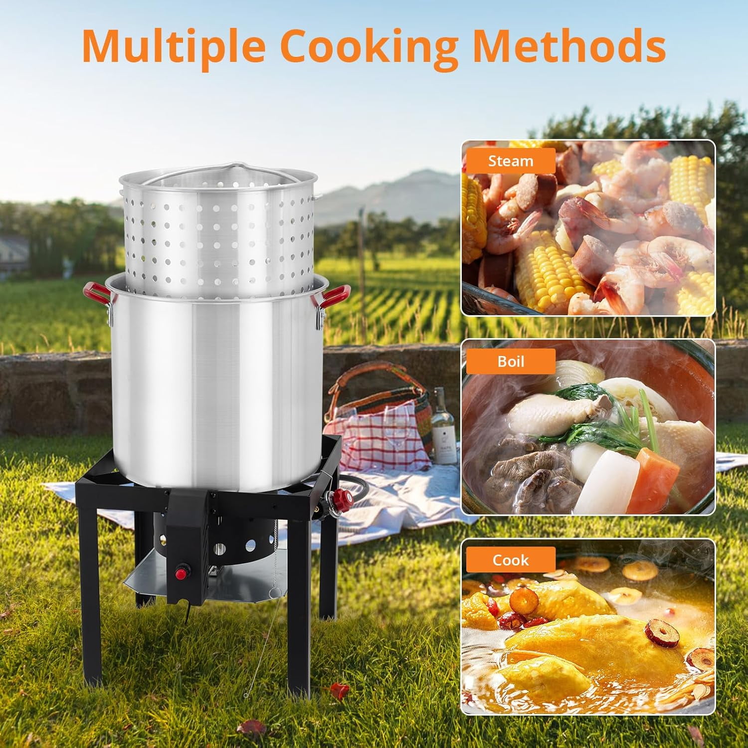 M optimized 100 Qt Outdoor Seafood Boil Pot and Propane Stove Burner Set (Black, 100 Qt) bdz9o