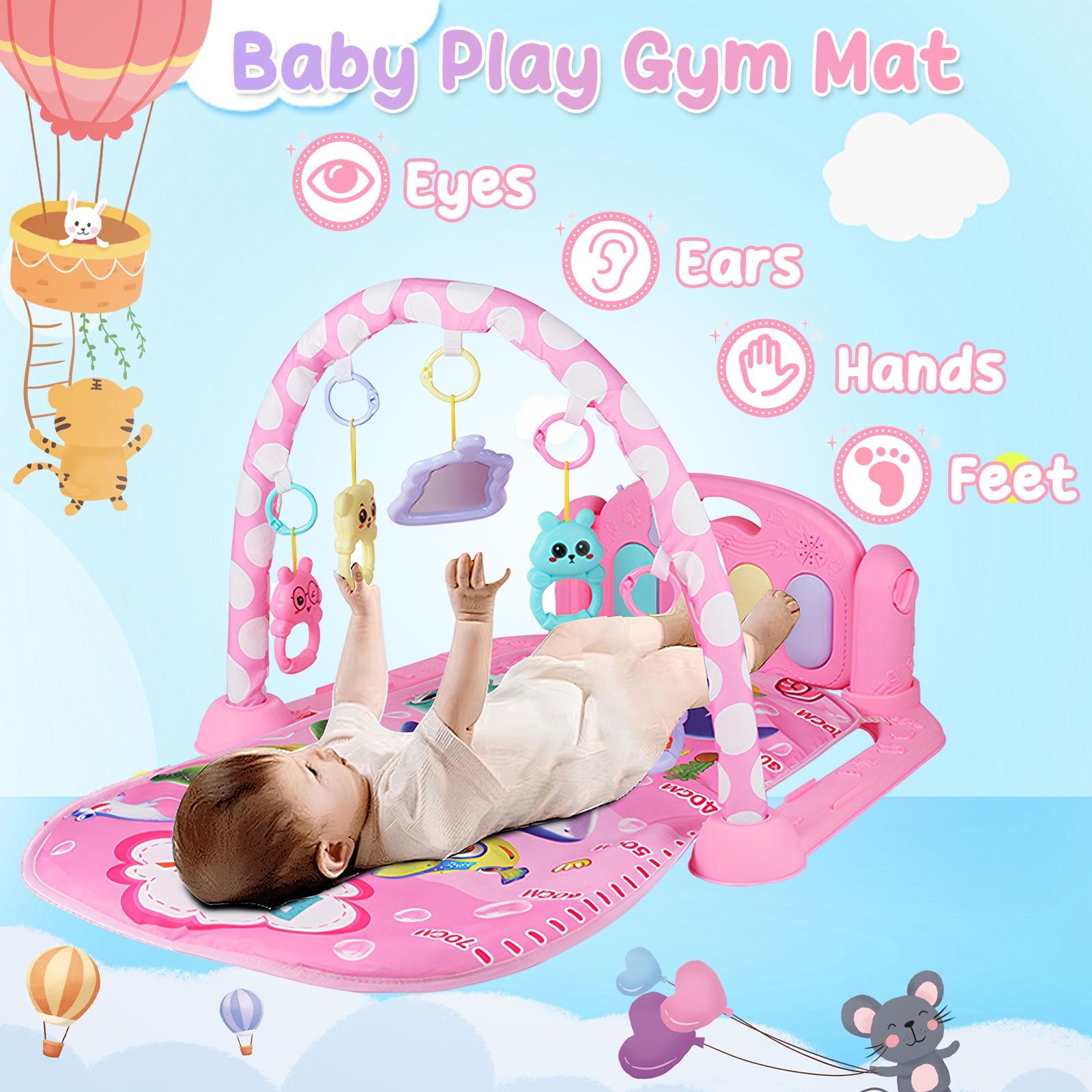RICHYOUNG Baby Gym Play Mat 3-in-1 Musical Fitness Activity Center with Piano and Hanging Toys (Pink, 30 in x 22 in x 17 in) hbu2g