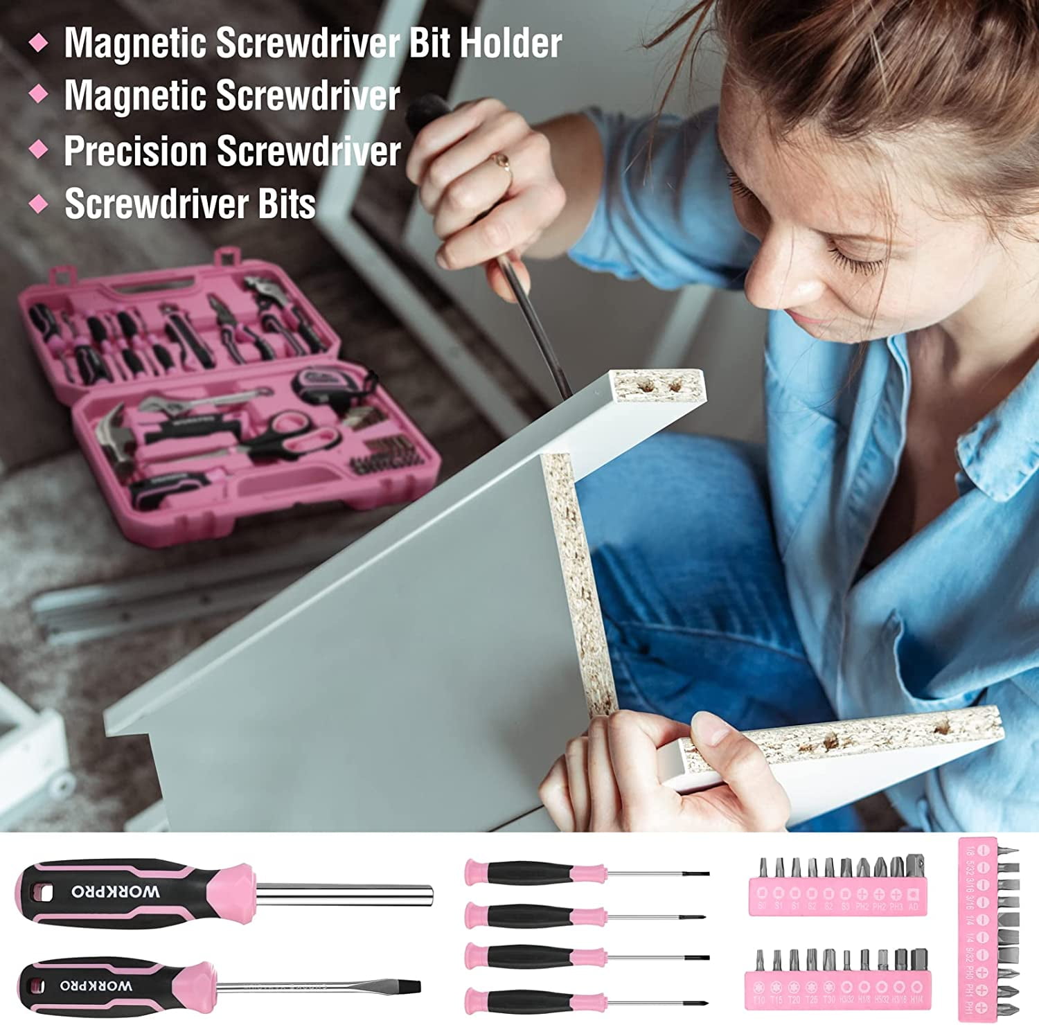 WORKPRO 52-Piece Household Tool Kit with Storage Case (Pink, 52-Piece Set) ed6ss