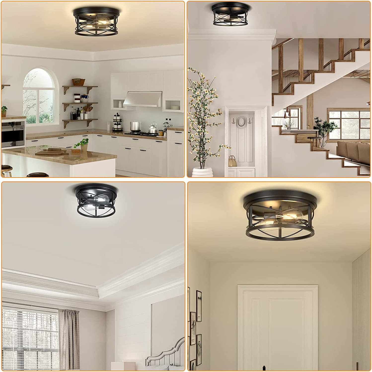 Pynsseu 2-Light Flush Mount Ceiling Light Fixture Industrial Farmhouse Metal Close to Ceiling Lighting (Black, 12 in) riz3l