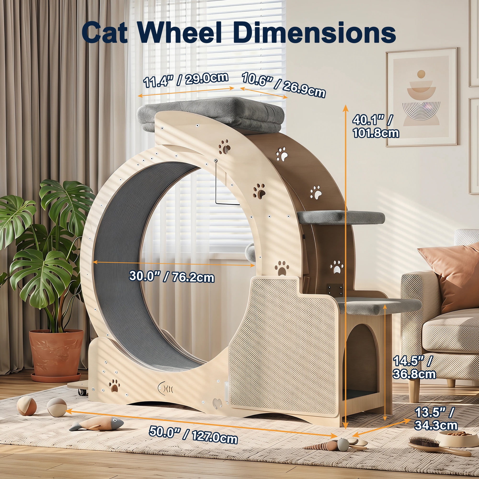 FOOWIN Cat Exercise Wheel, All-in-One Indoor Cat Activity Center with Condo, Scratching Post, and Feeding Bowls (Yellow, 40 in) bf0vp