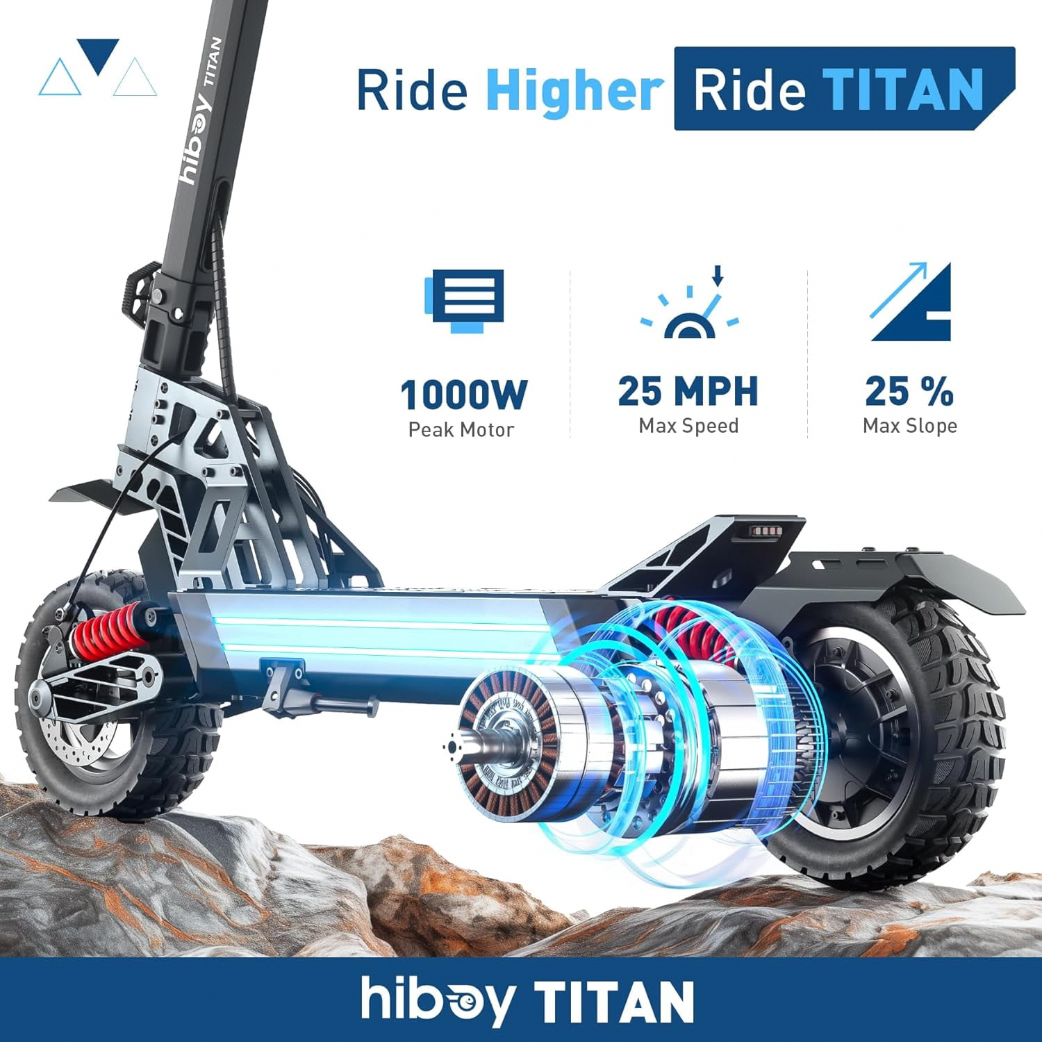 Hiboy Titan Electric Scooter, 1000W Motor, 25 MPH, 46-Mile Range, Dual Suspension, Hydraulic Brakes (Black, 300 lb Capacity) 7ft1q
