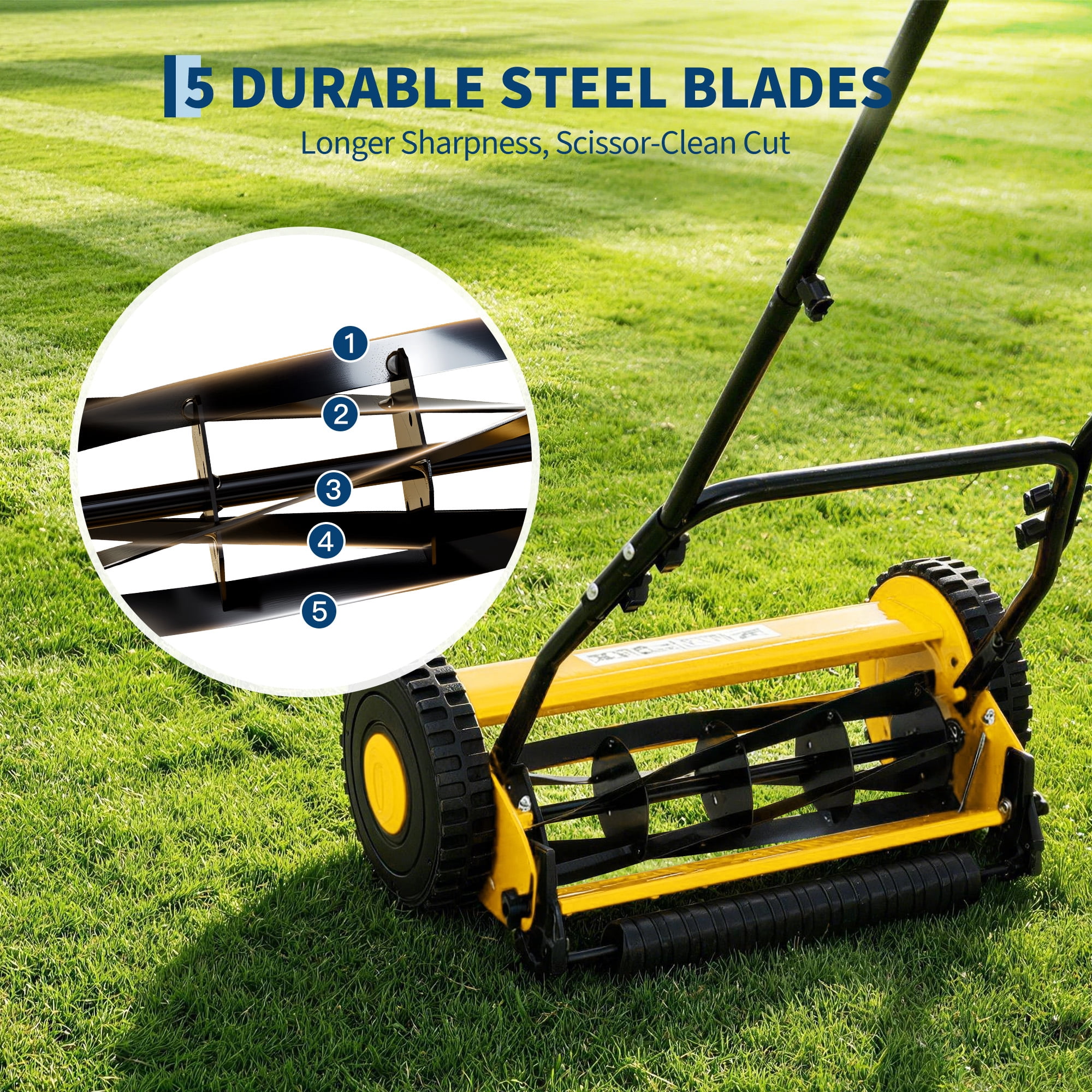 GIMMYFIVE Manual Reel Lawn Mower, 5-Blade Push Mower with Adjustable Cutting Height (16 in) jnfci