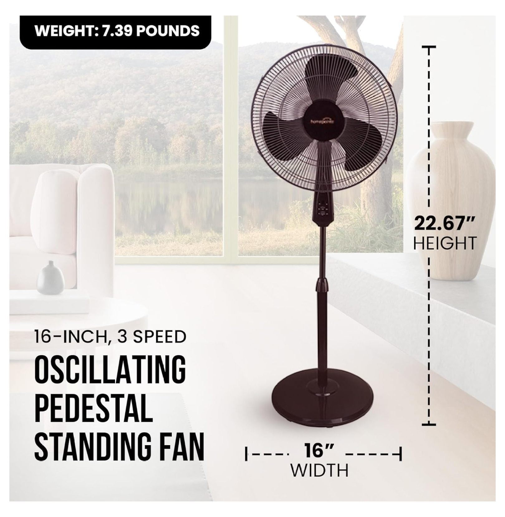YfulYde 16-Inch Oscillating Pedestal Fan, Adjustable Height & 3-Speed Standing Fan for Home and Office (Black, 16 in) marqf