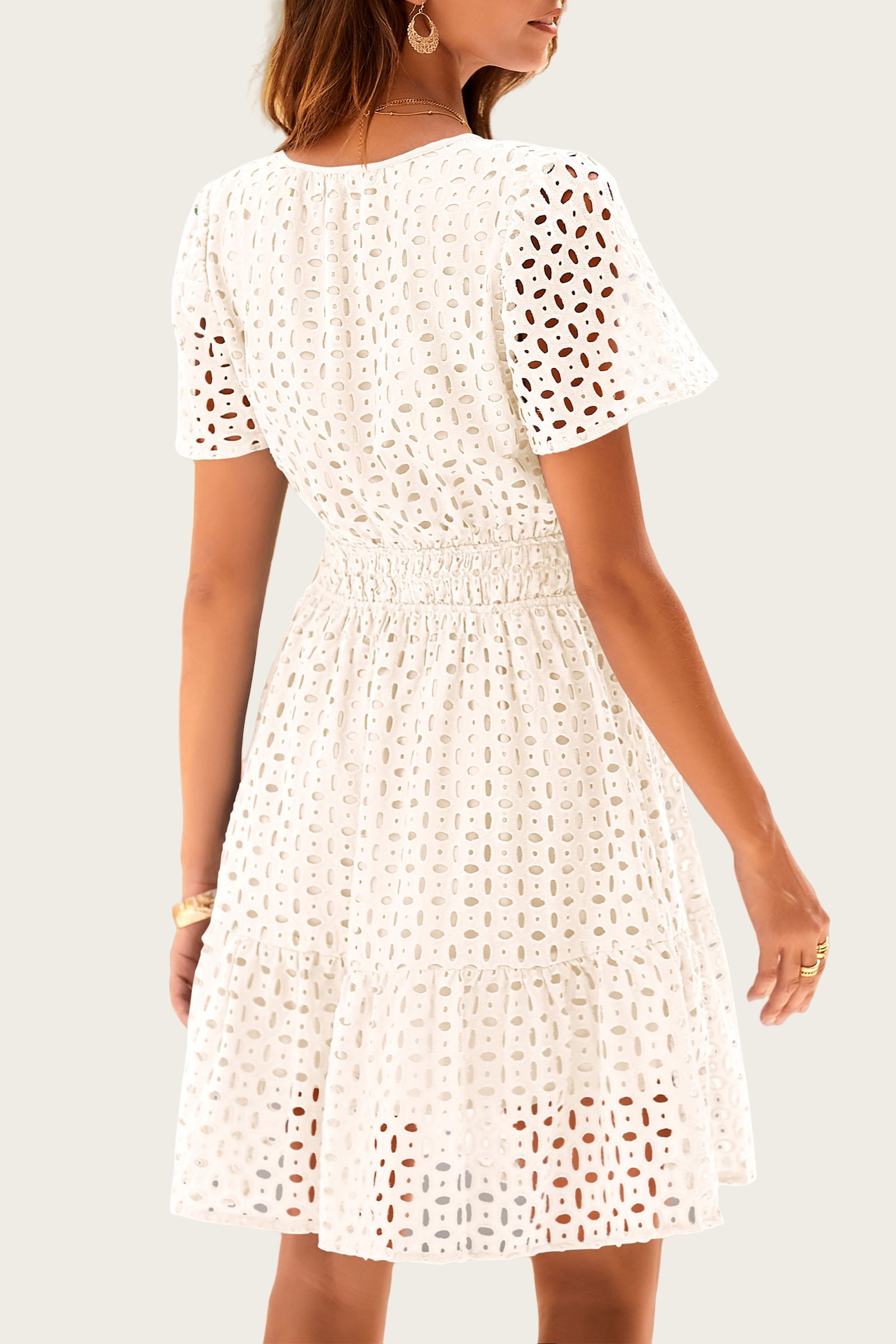 PRETTYGARDEN Womens Summer A-Line Dress V-Neck Short Sleeve Ruffle Lace Casual Beach Party Dress (Beige, L) qykki