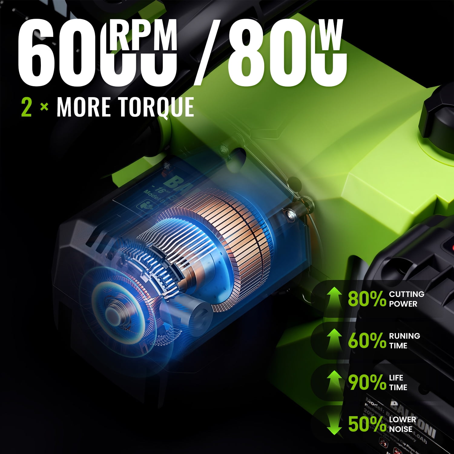 BALKONI 16 Inch Cordless Brushless Electric Chainsaw, High-Speed Motor with 2 Batteries (Green, 16 in) s7dwx