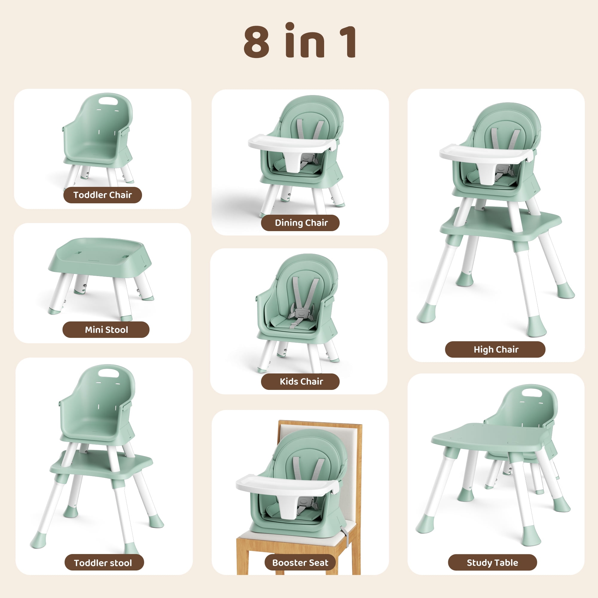 AILEEKISS 8-in-1 Convertible Baby High Chair and Toddler Booster Seat (Green) cjk8r