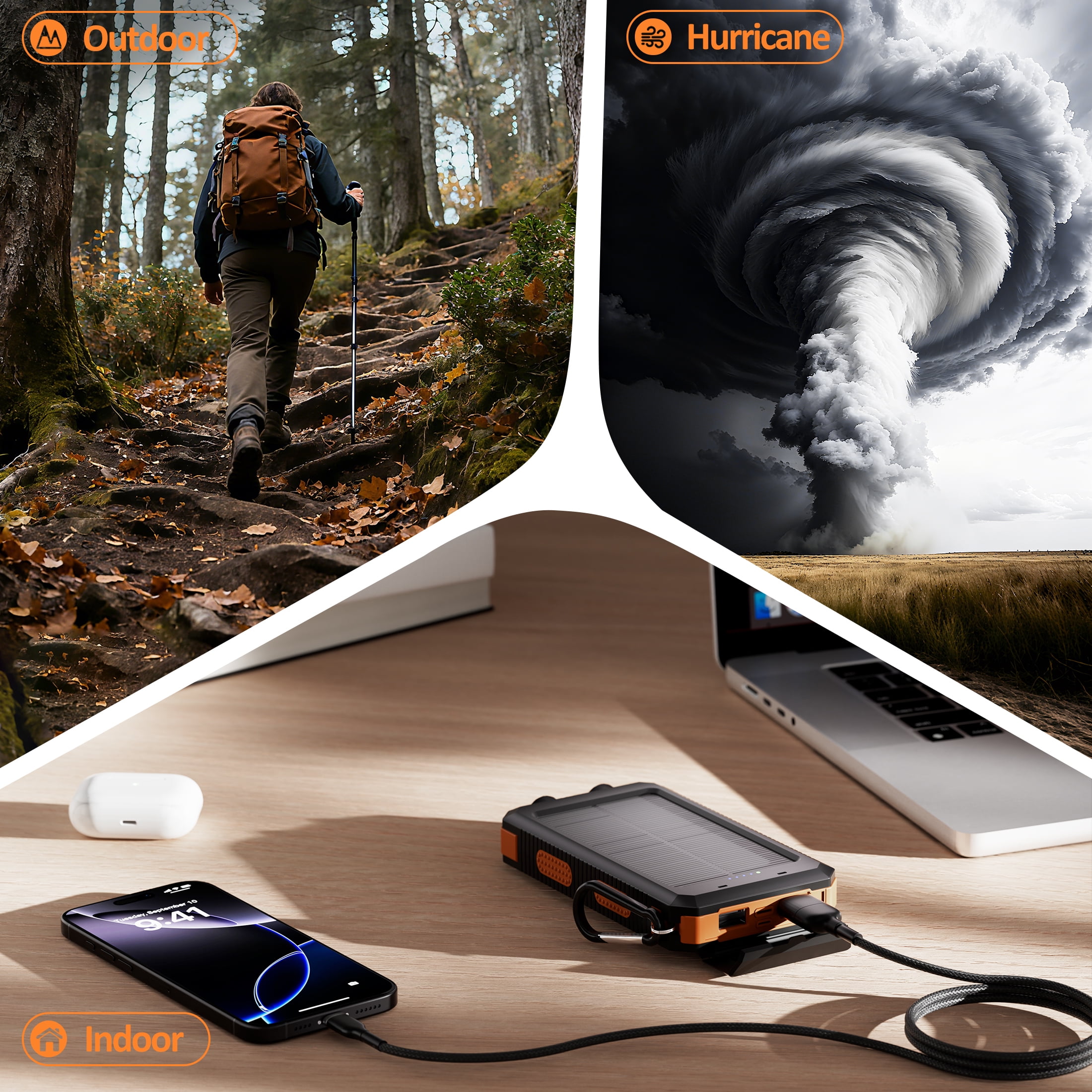SOLPOWBEN 20000mAh Portable Solar Power Bank with Dual USB Ports, LED Flashlight, and Compass (Orange, 20000mAh) xiozo