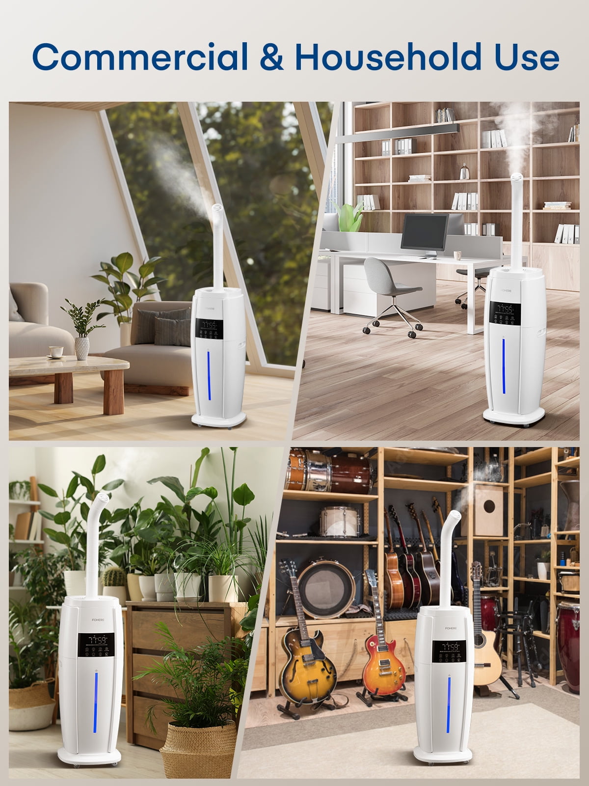 FOHERE Cool Mist Tower Humidifier for Large Rooms, Whole House Ultrasonic Humidifier with Remote Control (White, 4.8 gal) 29esc
