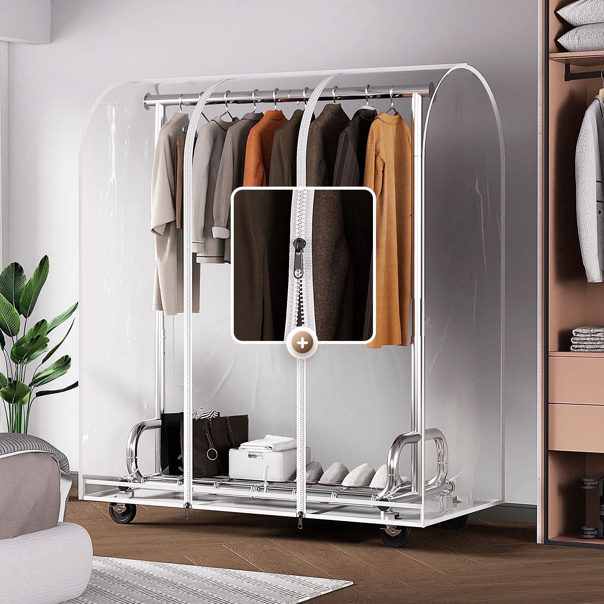 HOKEEPER Heavy Duty Rolling Garment Rack with Zippered Dust Cover (Silver, 450 lb Capacity) 7e30i