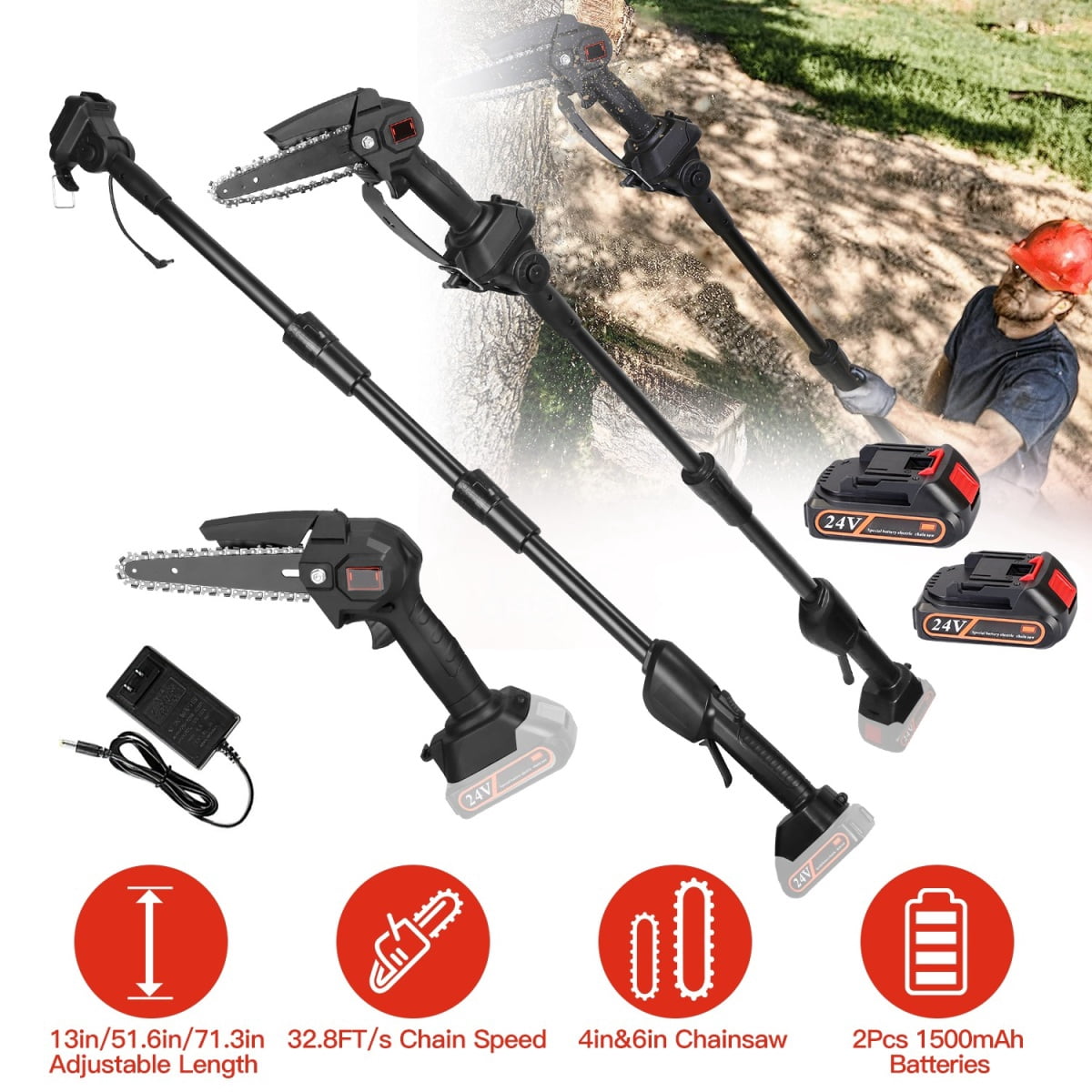 Triple Tree 2-in-1 Cordless Pole Saw and Mini Chainsaw, Adjustable Electric Tree Trimmer with 2 Batteries (Black, 71.3 in) a5jfm