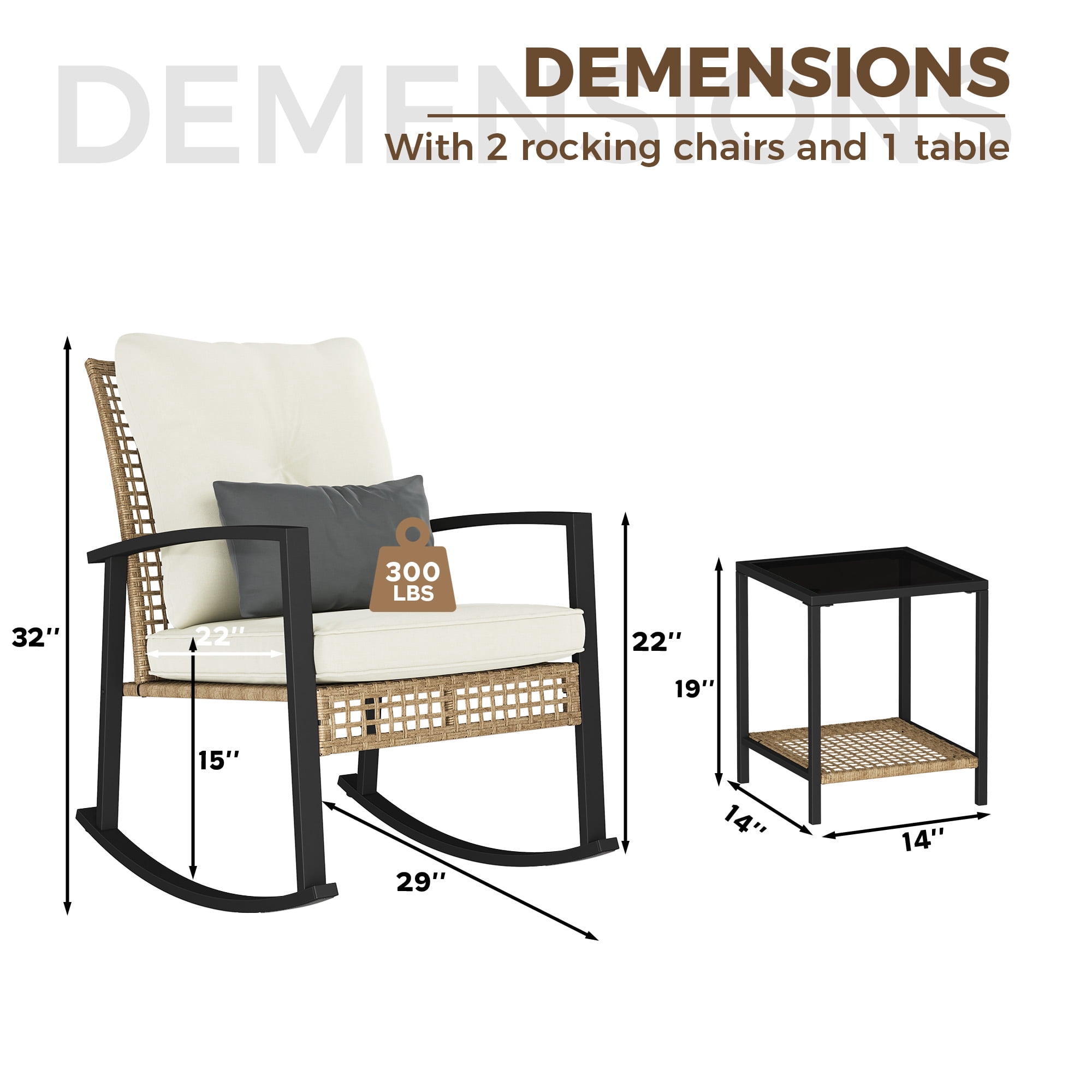 LAZZO 3-Piece Patio Conversation Set, PE Wicker Rocking Chairs with Lumbar Pillows and Tempered Glass Coffee Table (Beige, 3-Piece Set) 8kot2