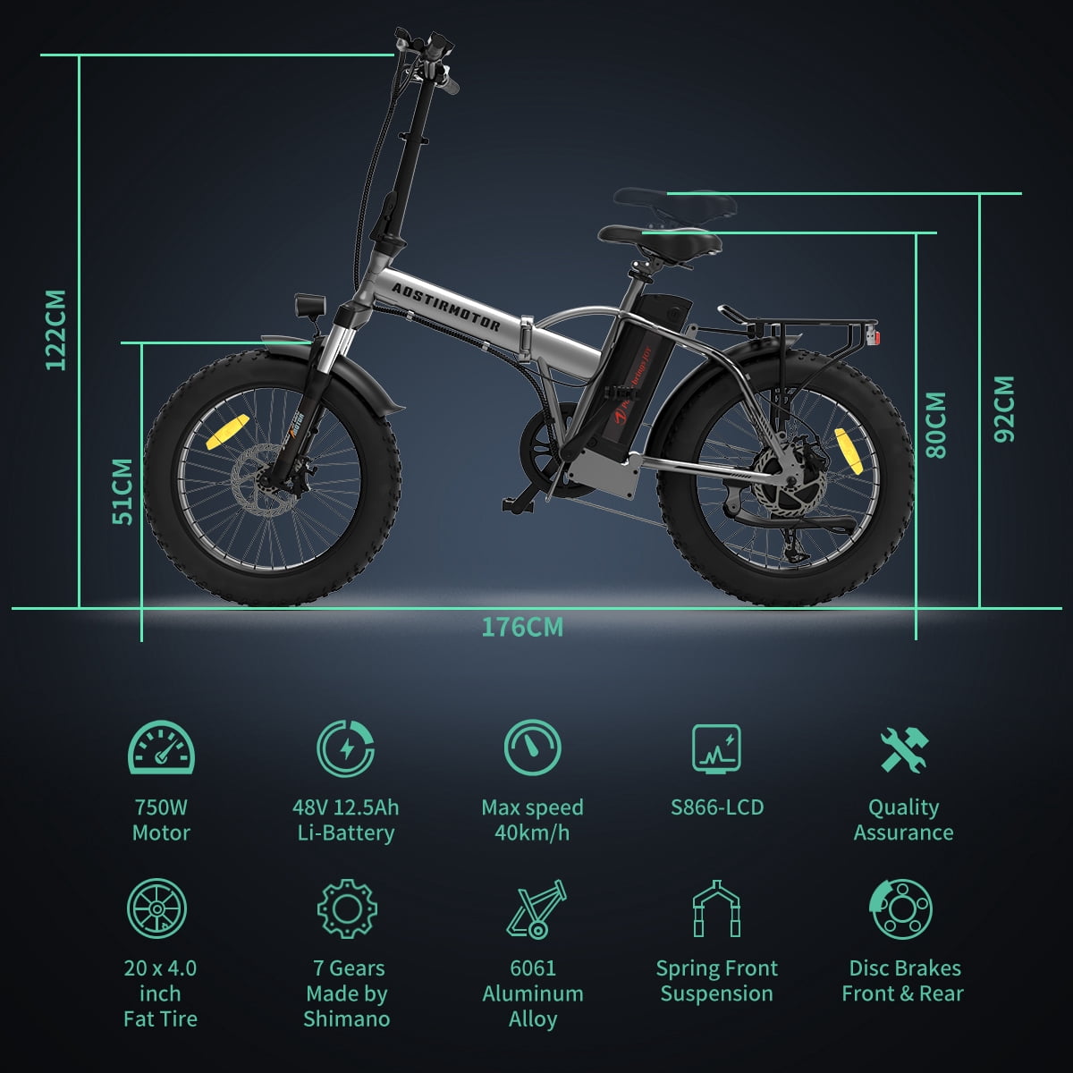 Aostirmotor Folding Electric Bike, 750W Motor, 20 in Fat Tire, 48V Removable Battery (Black, 260 lb Capacity) i57tt