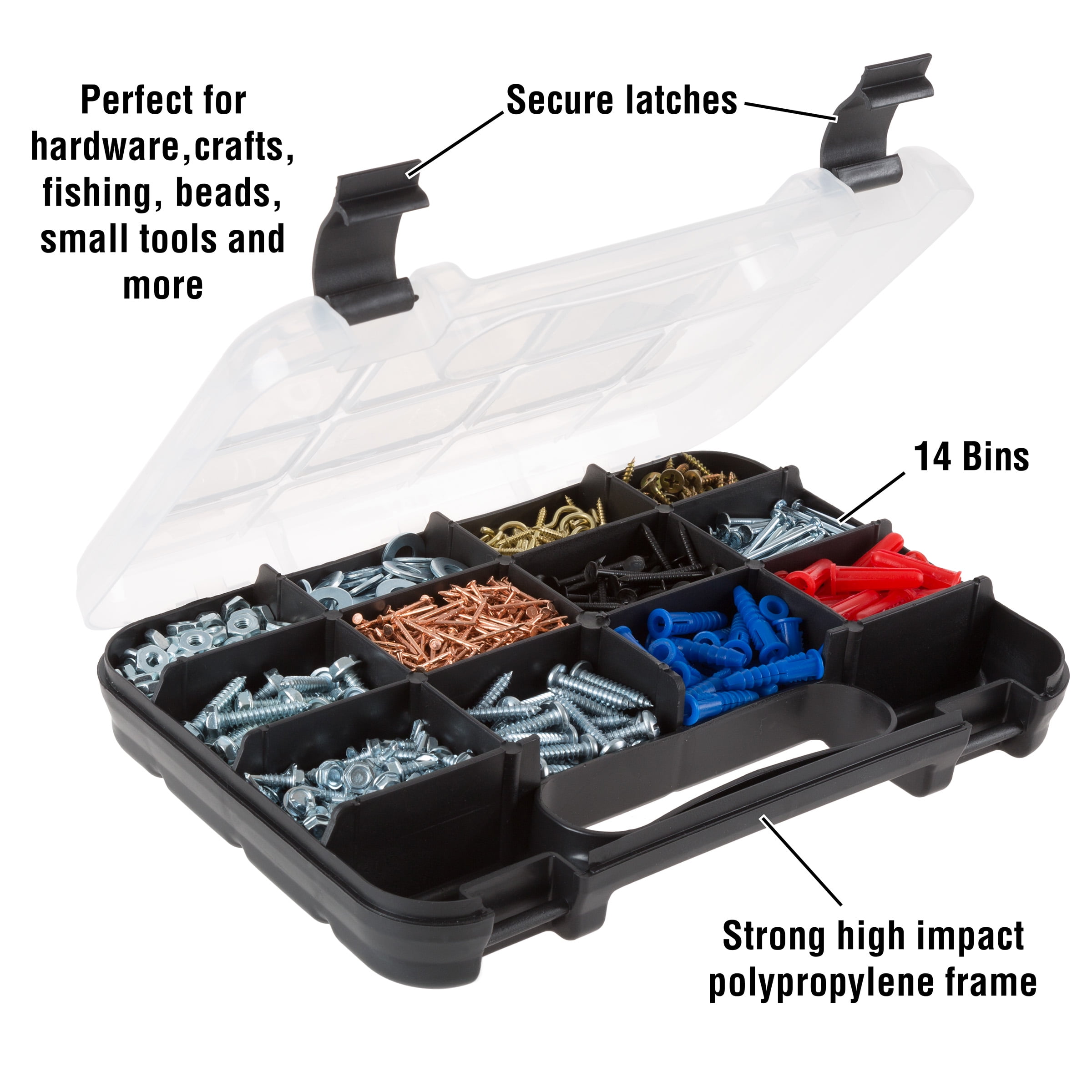 Wakeman Portable Hardware Organizer Case with 14 Compartments and Secure Latches (Black, 9.75 in x 7 in x 1.75 in) mkbdv