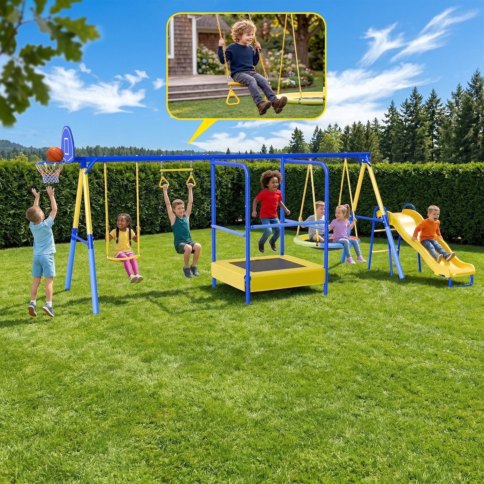 Gardwin Metal Swing Set with Trampoline and Slide (Yellow, 1000 lb Capacity) 9y98a