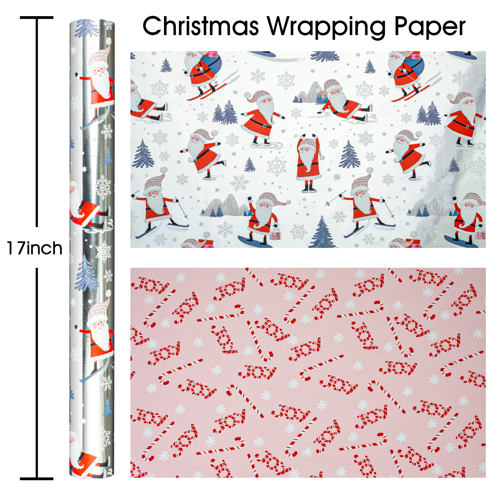 HOMERAL Christmas Wrapping Paper Roll, Festive Holiday Gift Wrap with Santa Claus and Candy Cane Patterns (White, 17 in x 33 ft) dvn11