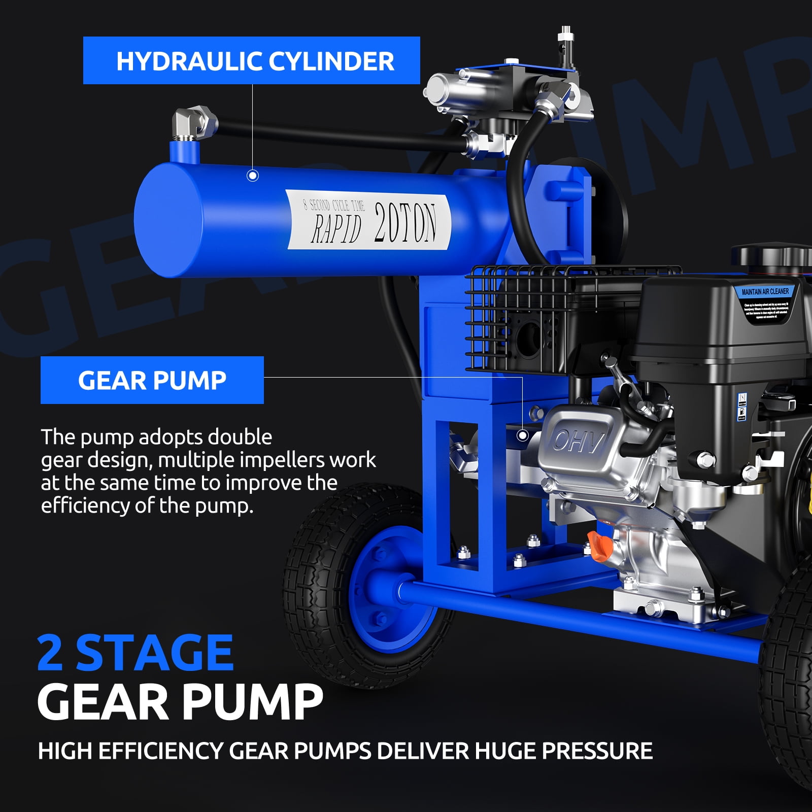 Efurden Gas Log Splitter with 7 HP Engine and 20 Ton Hydraulic Ram (Blue, 20 in L x 16 in D) 6hre3
