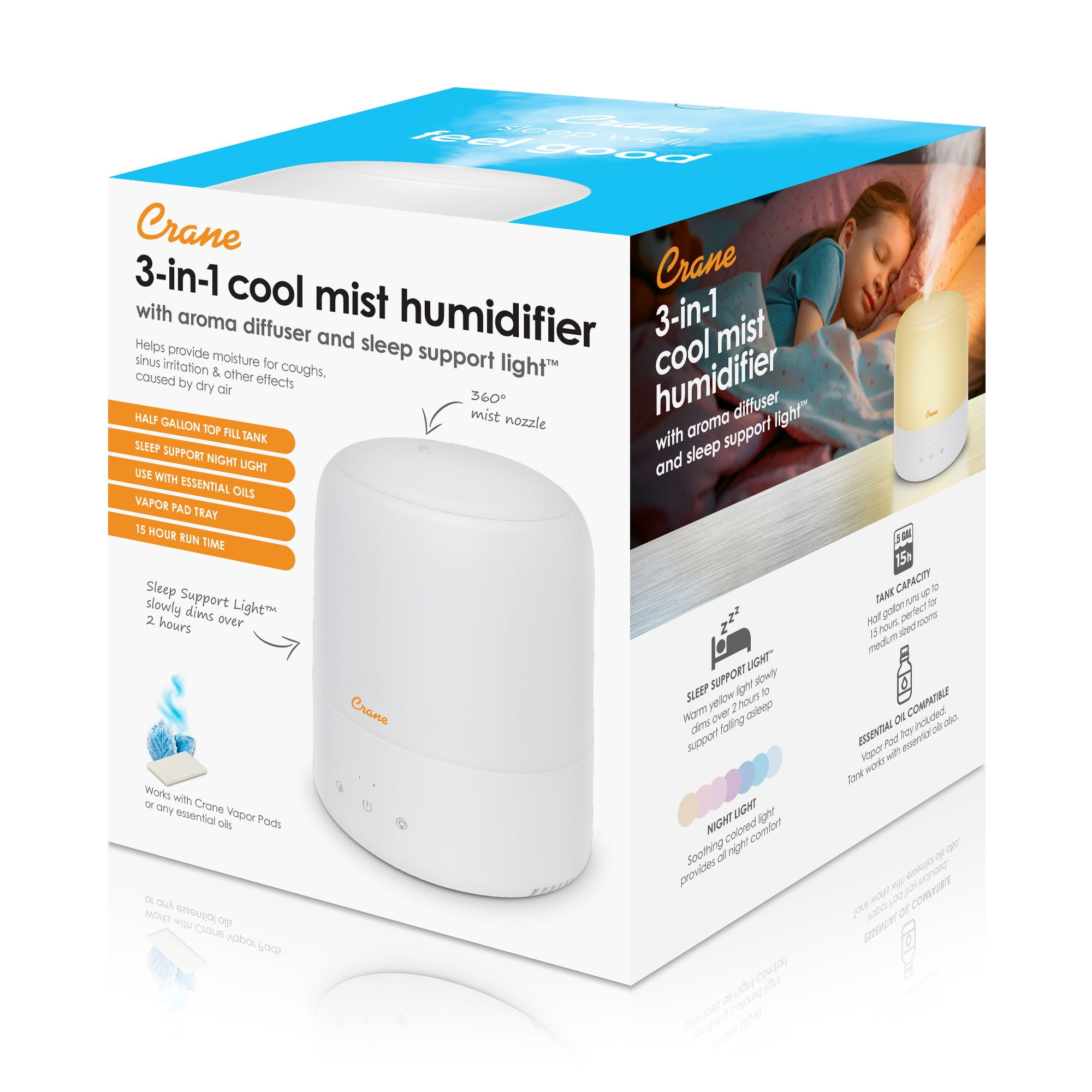 Crane USA 3-in-1 Cool Mist Humidifier, Portable Aroma Diffuser with Night Light (White, 0.5 Gallon) vzjkj