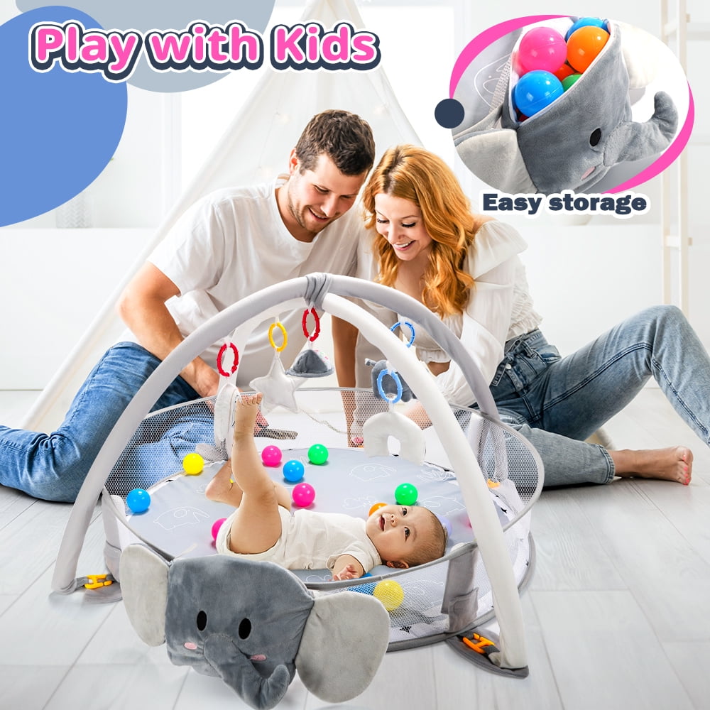 JoyStone 5-in-1 Elephant Baby Gym Play Mat with 30 Balls, Sensory Tummy Time Activity Center (Grey) 396w7