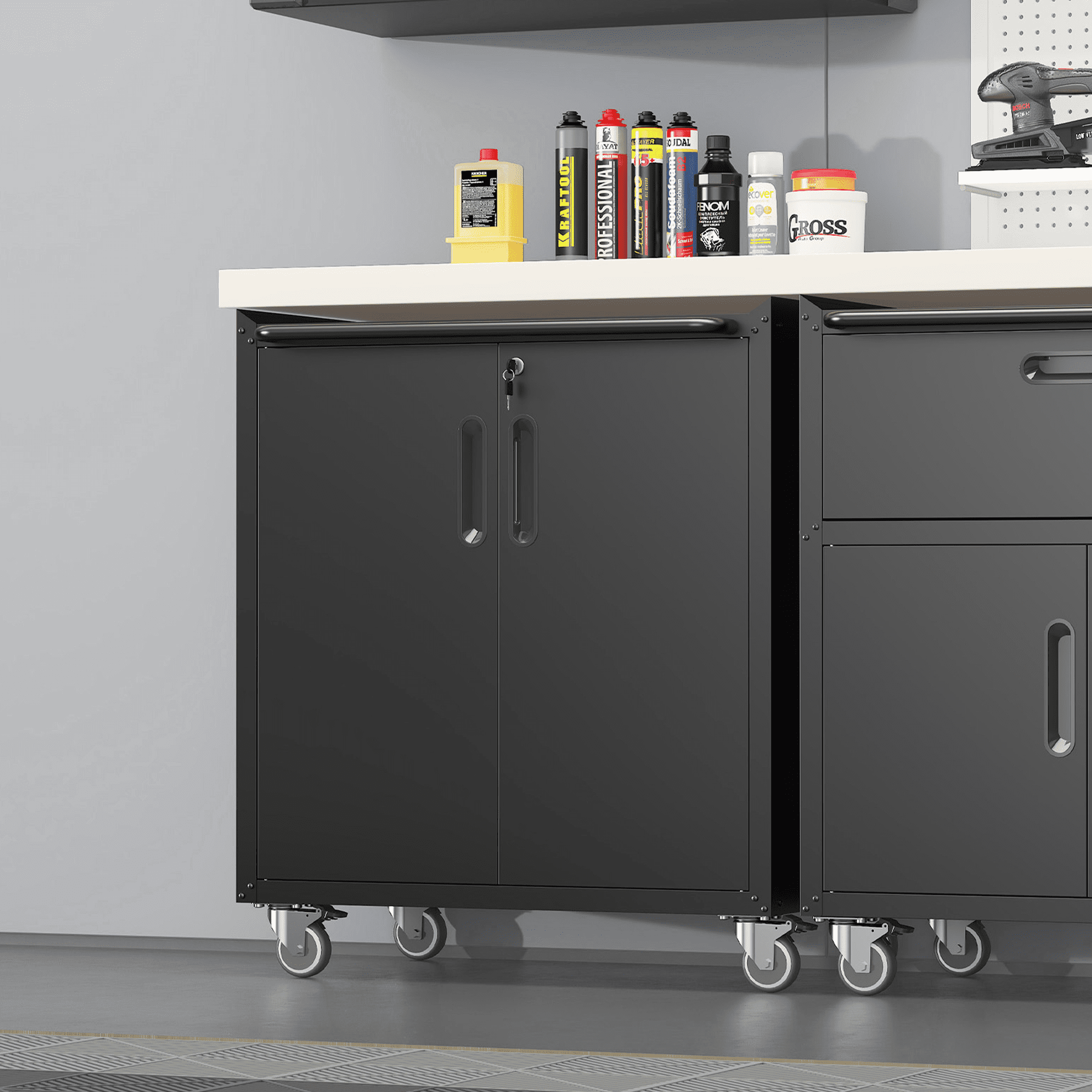 IKIMI 8-Piece Heavy Duty Garage Cabinet System with Workbench, Lockable Steel Storage Cabinets (Black, 8-Piece Set) ysc7z
