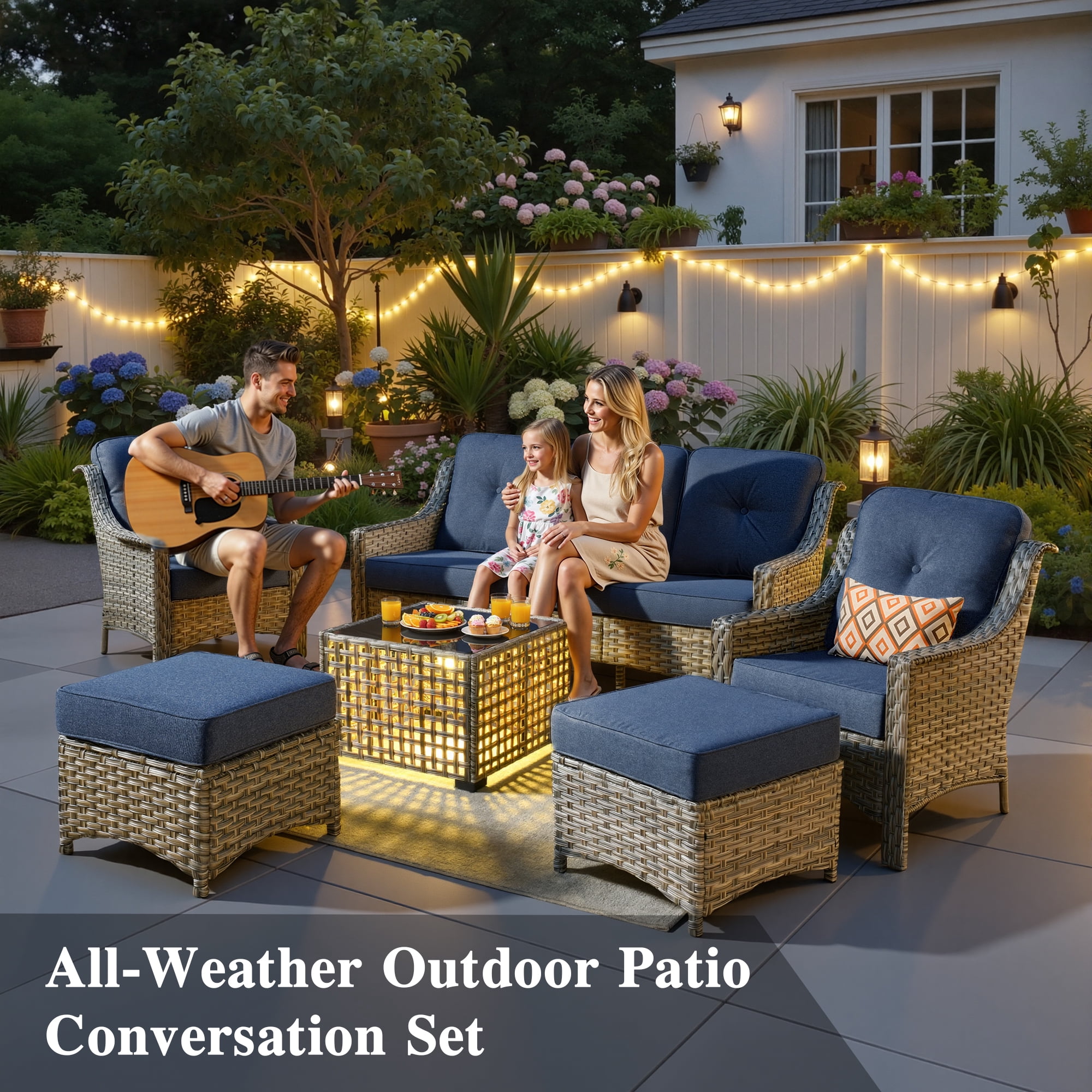 Ovios 6-Piece Outdoor Patio Furniture Set with Solar LED Coffee Table and High-Back Wicker Sofa (Denim Blue, 6-Piece Set) vwygz