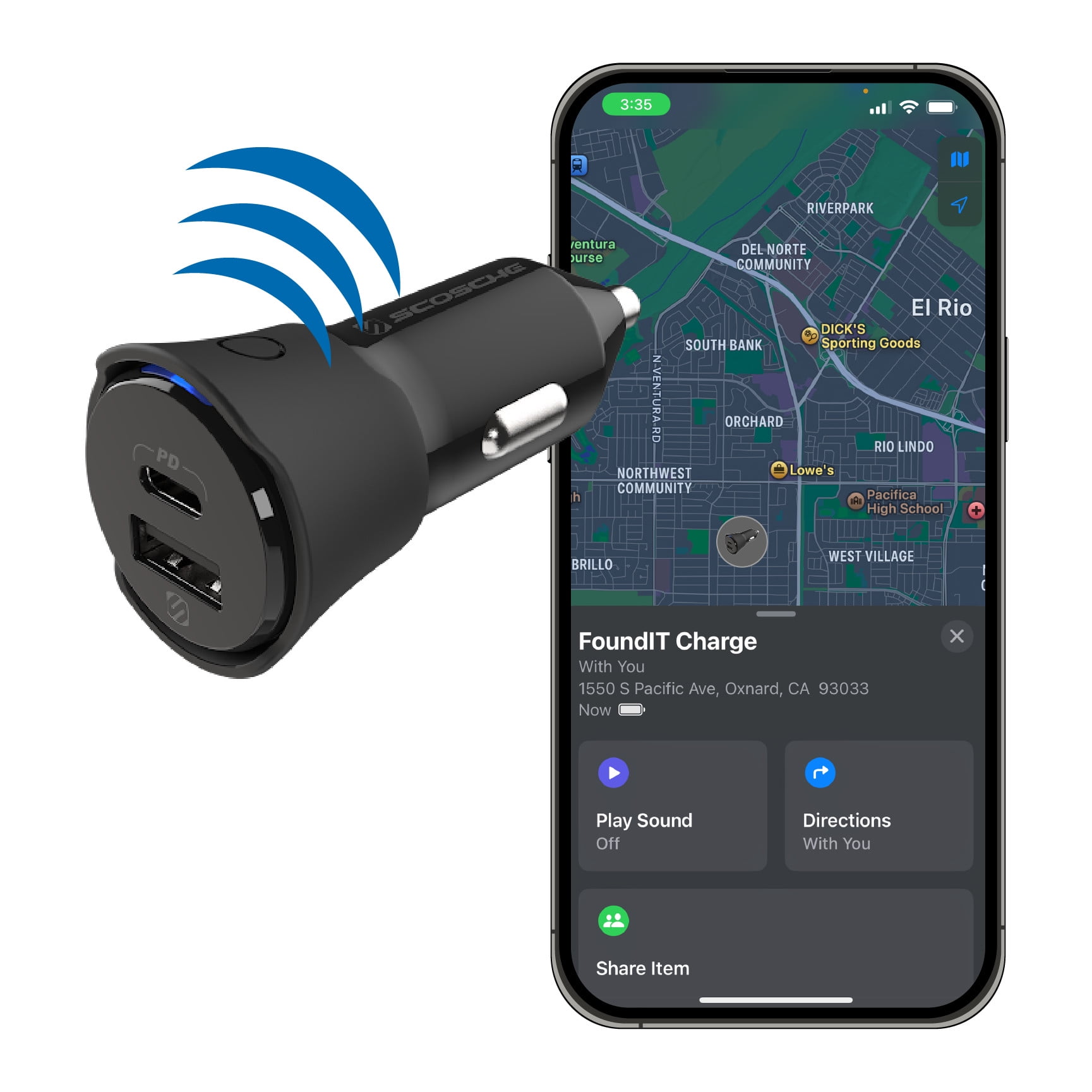 Scosche FoundIt Charge 32W Dual-Port USB-C & USB-A Car Charger with Built-in Locator (Black, 1 Pack) 3x9eg