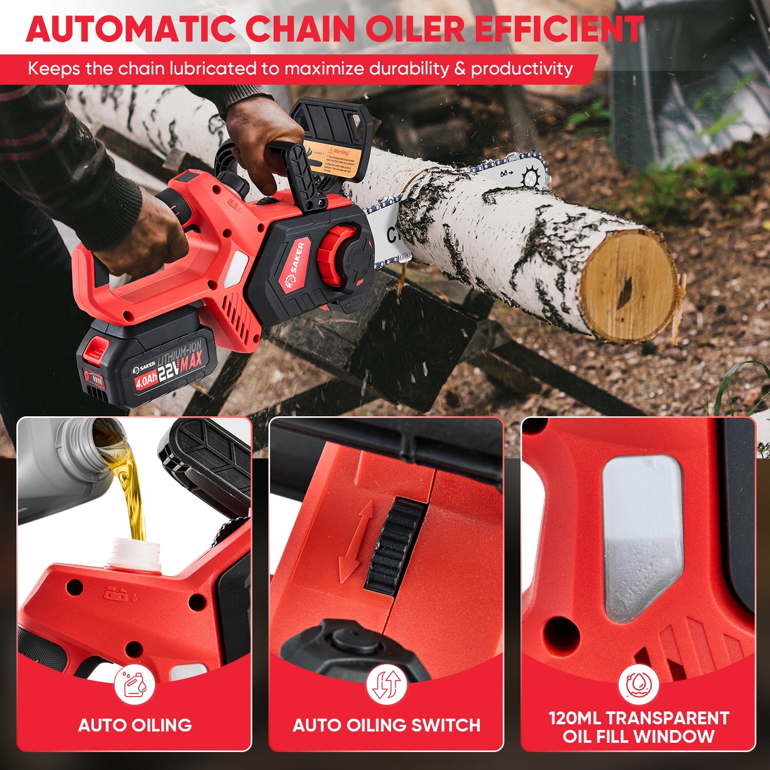 Saker 12 in 22V 4.0Ah Cordless Electric Chainsaw, Auto-Tension, LED Power Display (12 in) zxyz3