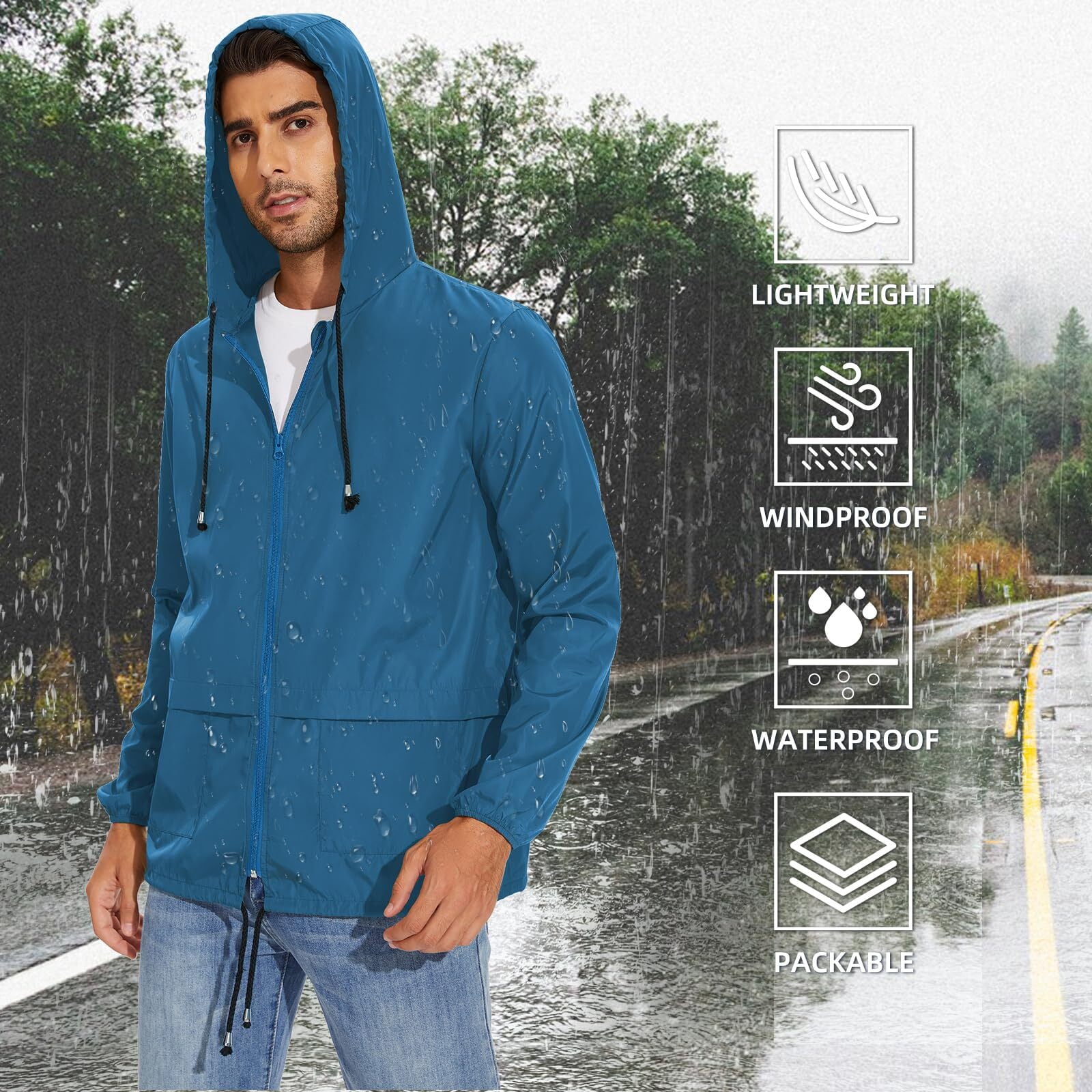 American Trends Men's Waterproof Rain Jacket Lightweight Packable Windbreaker with Hood (Blue, 3XL) o69sj