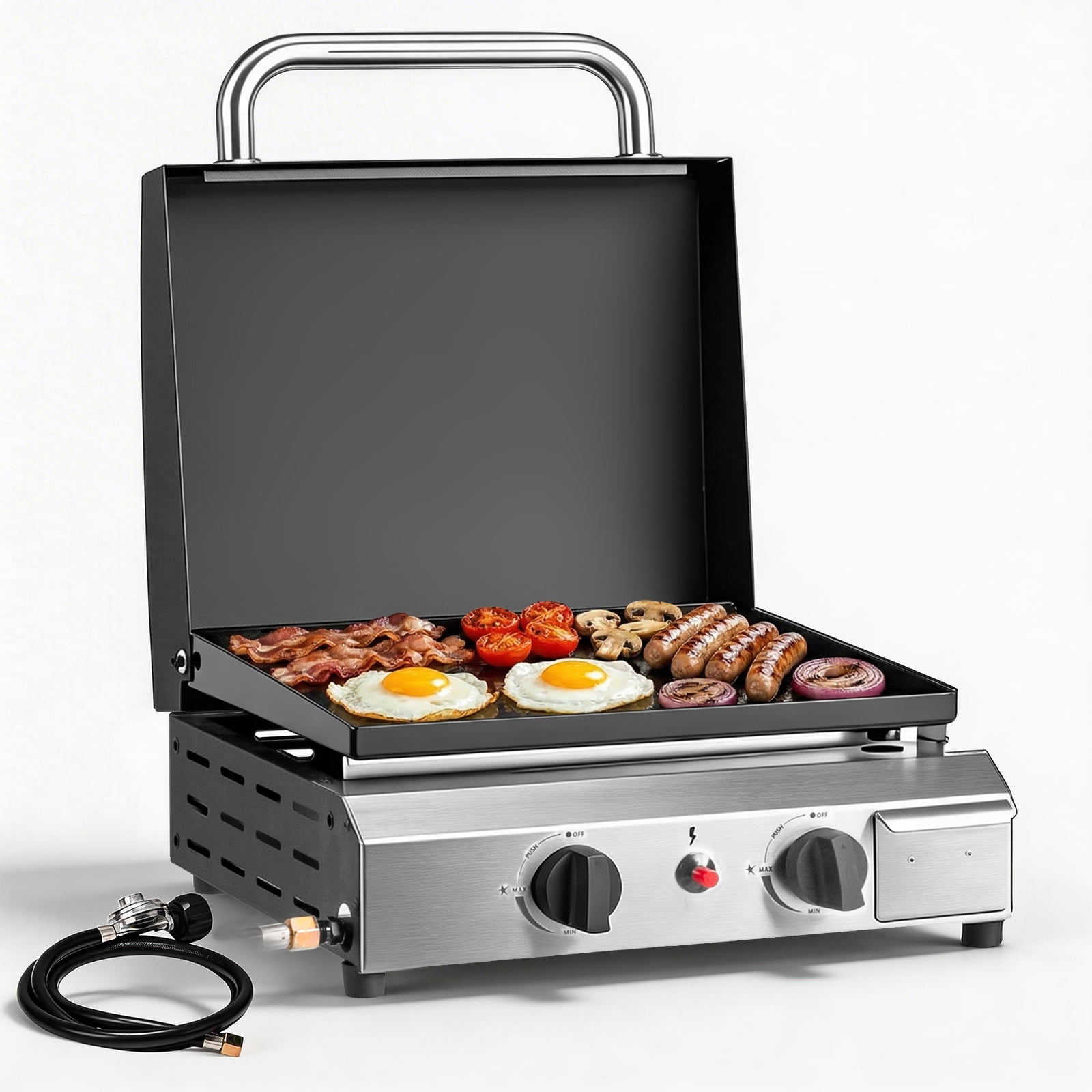 Ktaxon 2-Burner Propane Flat Top Gas Griddle with Lid and Ceramic Coated Cast Iron Pan (Black, 18.5 in x 11.5 in x 15.5 in) 97gib