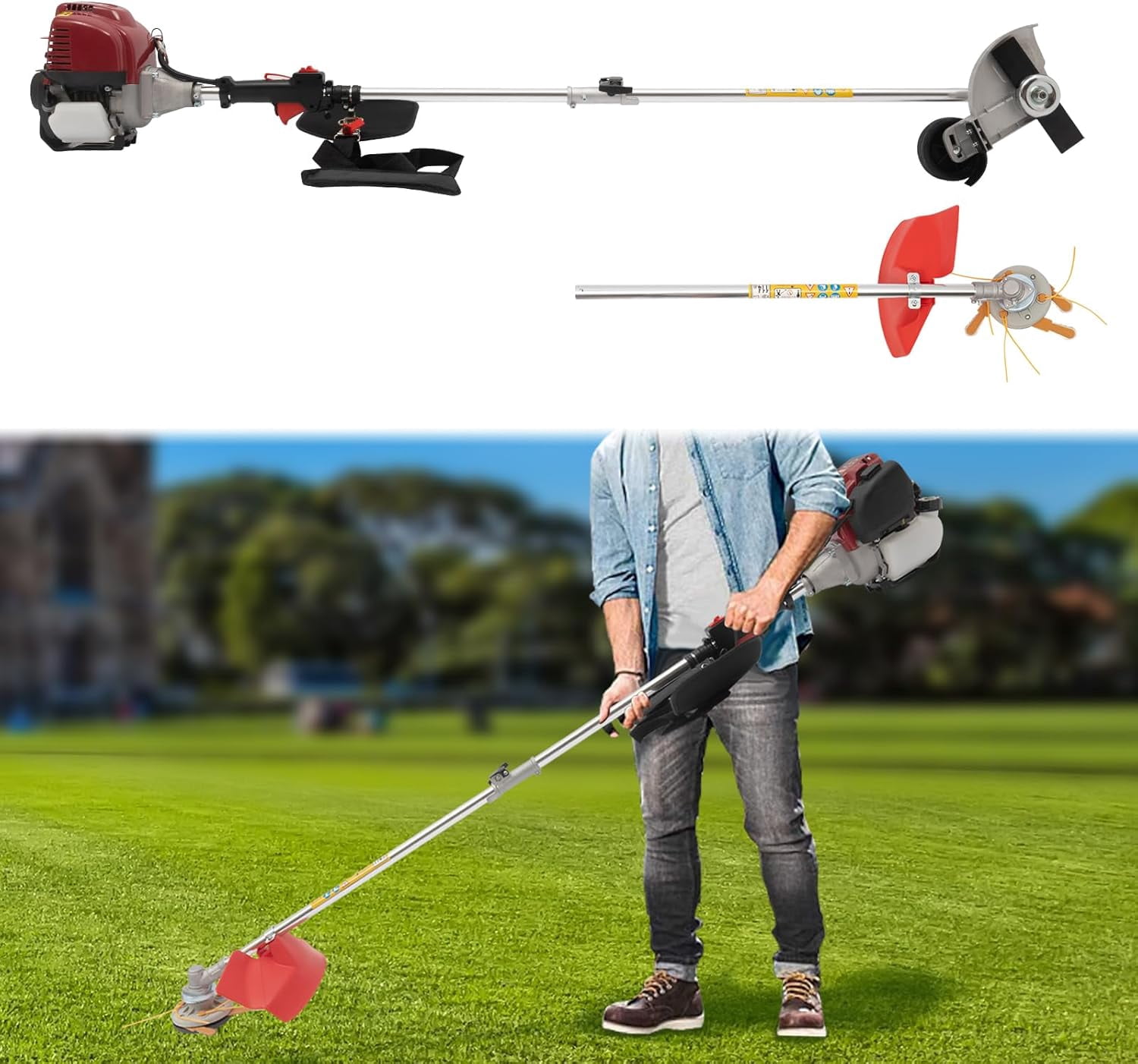 Generic Gas Powered Lawn Edger 35.88CC 4-Stroke String Trimmer with Dual Blade Heads (Red, 35.88CC) 0qjbq