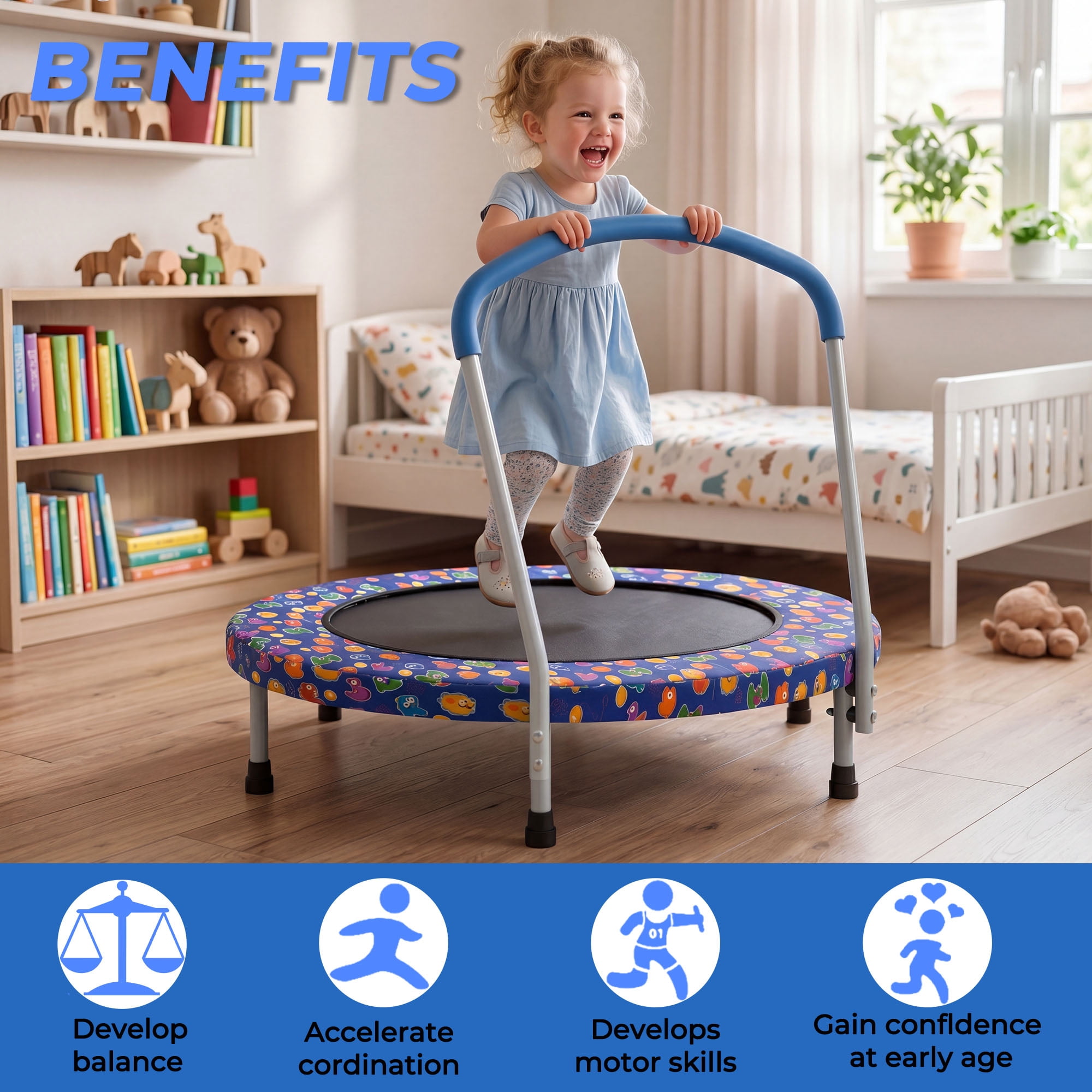 Mersco 36 in Kids Indoor Trampoline with Padded Handlebar (Blue, 36 in) 3teca