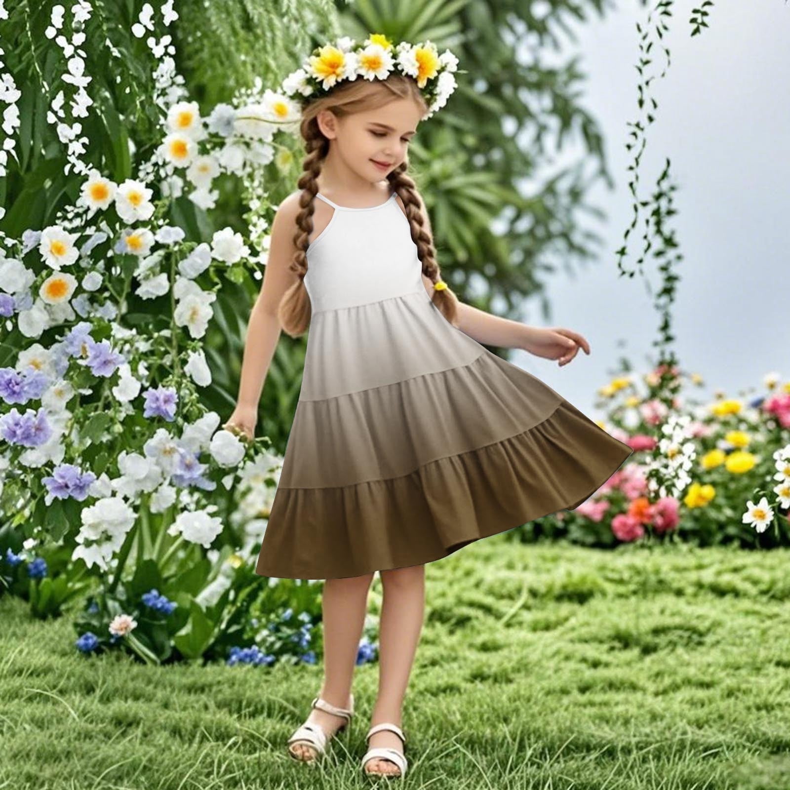 WRKEKC Girls Summer Bohemian Sundress Spaghetti Strap Tiered Ruffle Hem Gradient Dress (Brown, Size 10) zioe8