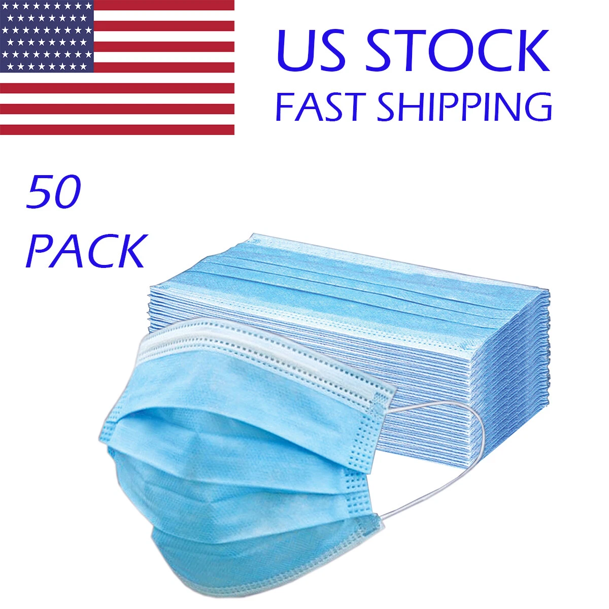 YANI Disposable Face Mask 3-Layer Breathable Mouth and Nose Cover (Blue, 50 Pack) kmc1s
