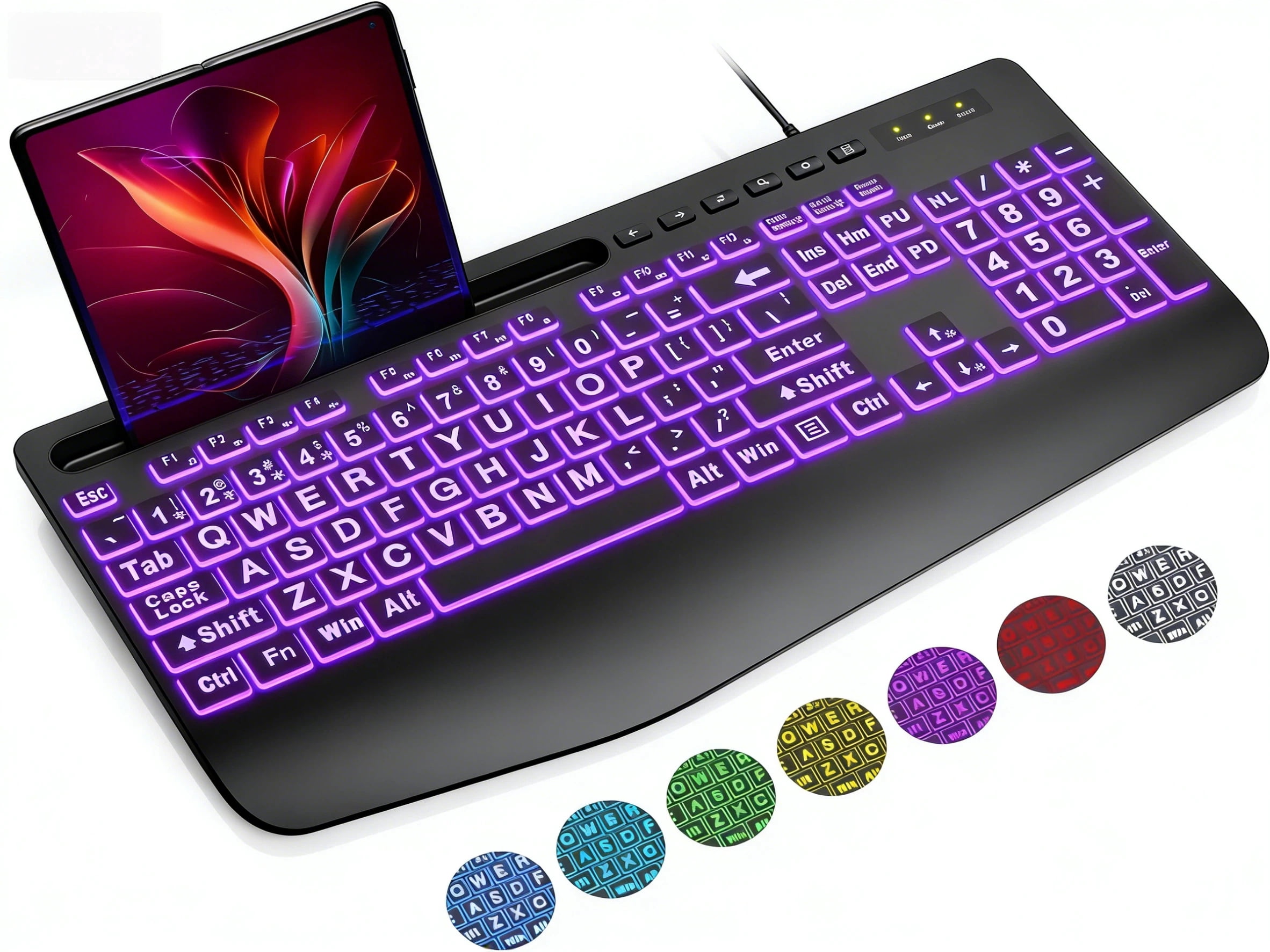 Wagpak Large Print Wired Backlit Keyboard with Ergonomic Wrist Rest and Phone Holder (Black, 18 in) i6cg0
