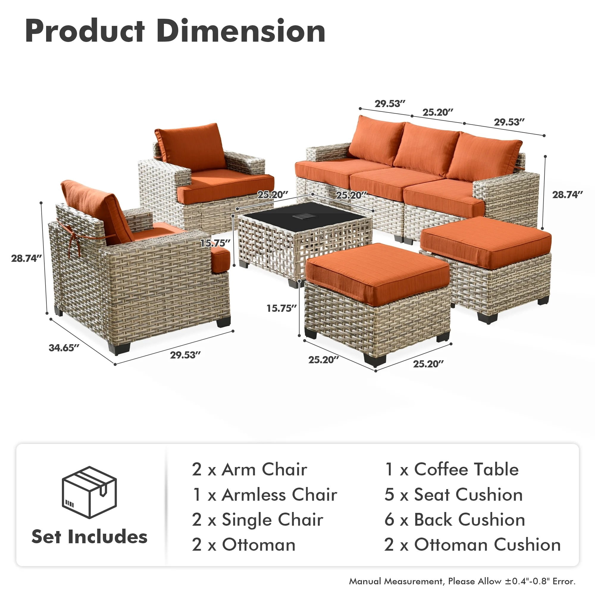 VCATNET 8-Piece Outdoor Patio Furniture Sectional Sofa Set with Solar Powered Coffee Table (Orange, 8-Piece Set) h5otd