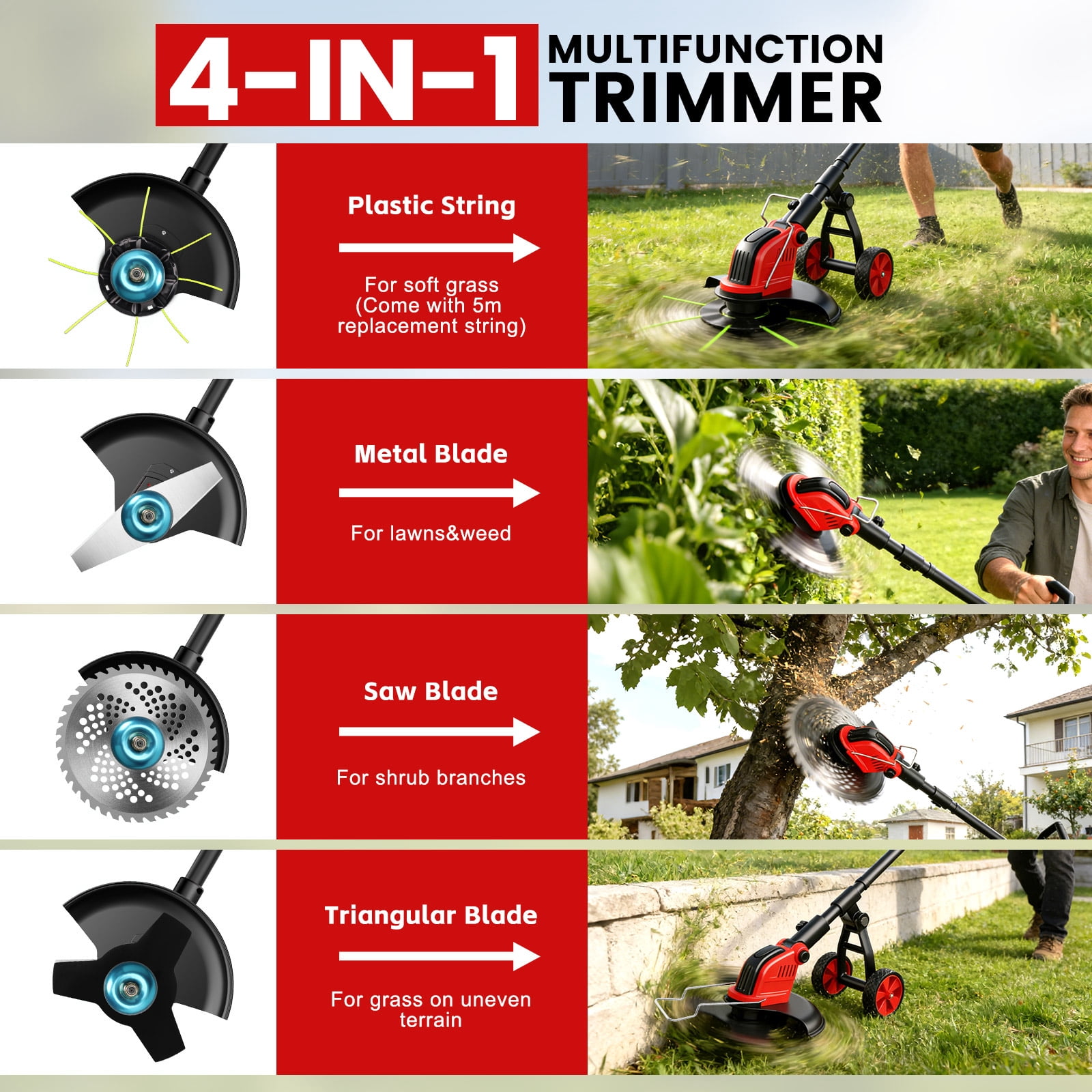 Tanbaby Electric Weed Wacker Cordless Grass Trimmer with Wheels and 4 Blades (Red, 12 in) 6mn2f
