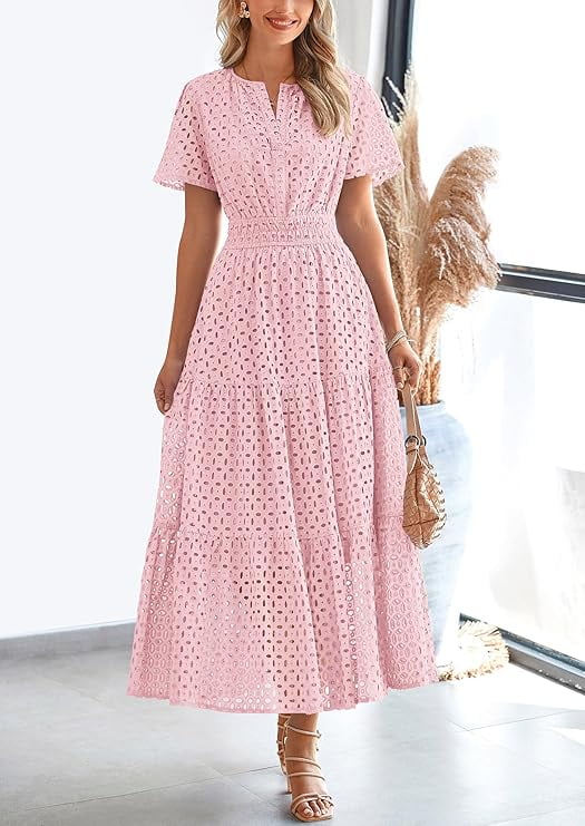 PRETTYGARDEN Womens Summer Maxi Dress V Neck Short Sleeve Eyelet A-Line Flowy Beach Vacation Dress (Pink, XL) x6cup