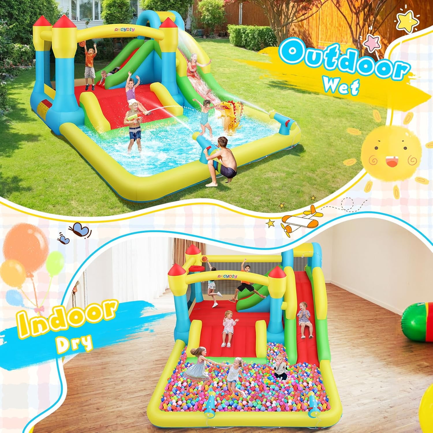 Veeboto Inflatable Water Slide Park with Blower, Bounce House with Climbing Wall and Basketball Hoop (Multi-color, 187 x 133 x 80 in) 0vefp