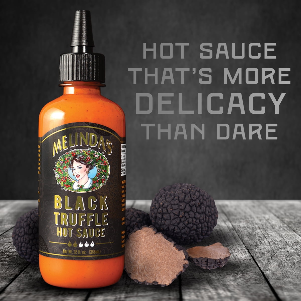 Melinda's Black Truffle Hot Sauce, Gourmet Condiment for Wings and Pasta (Black, 12 oz) y6zbk
