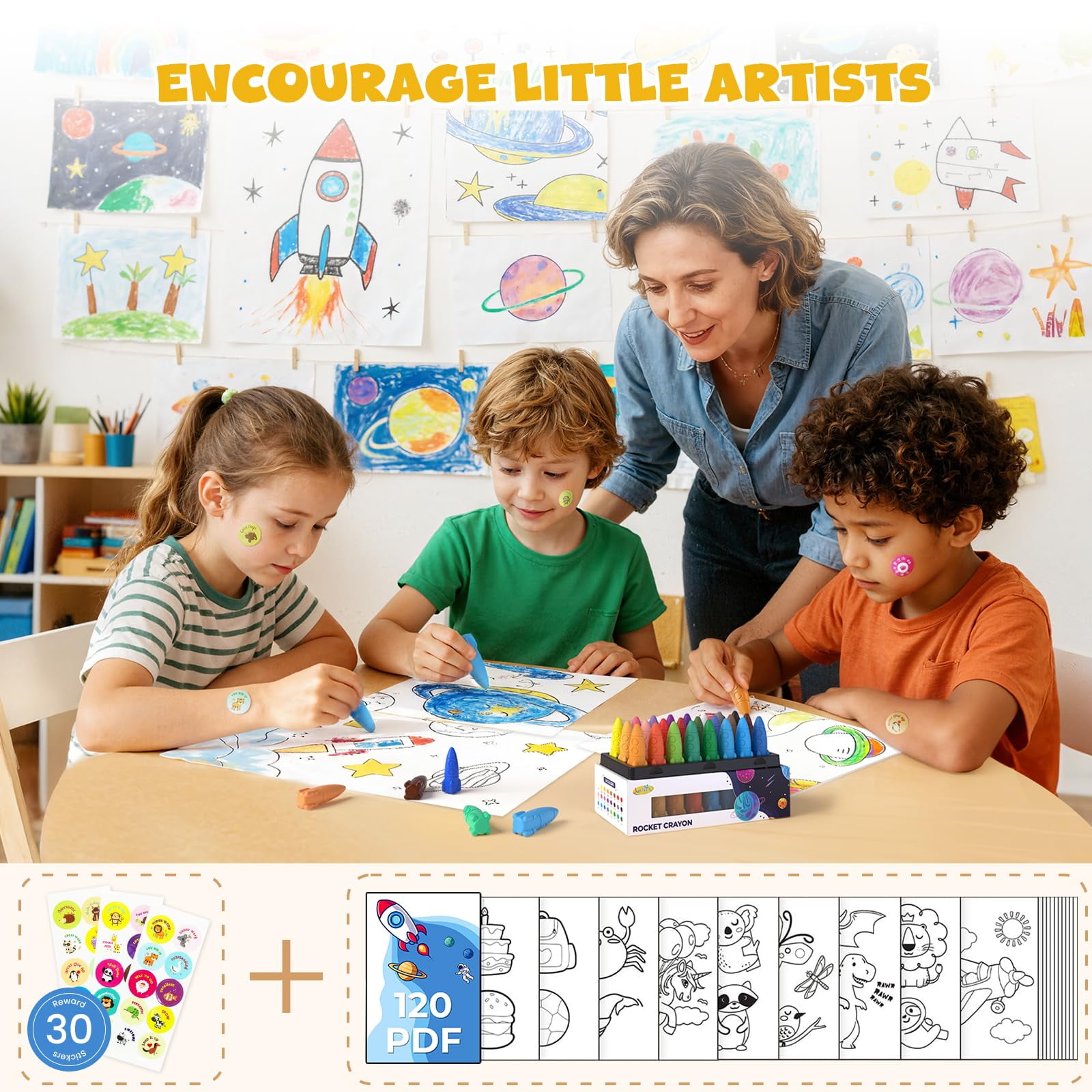Jupitearth Washable Rocket Crayons for Toddlers, Non-Toxic Easy-to-Hold Art Supplies for Kids (Multicolor, 24 Ct) kl35i