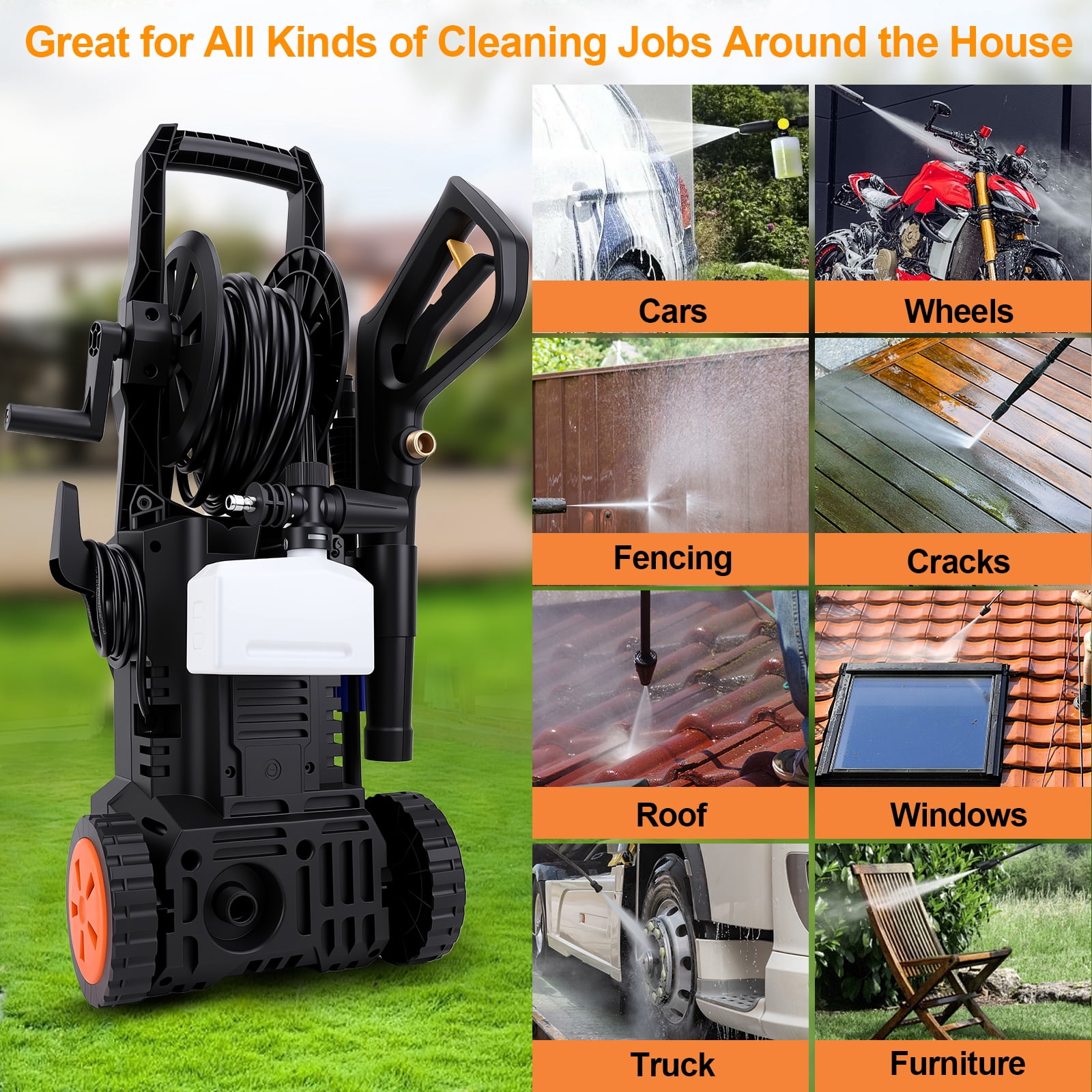 Ldyso Electric Pressure Washer, 4500 PSI 3.2 GPM Power Washer with Hose Reel and 4 Spray Nozzles (33 ft Hose) h1q5h