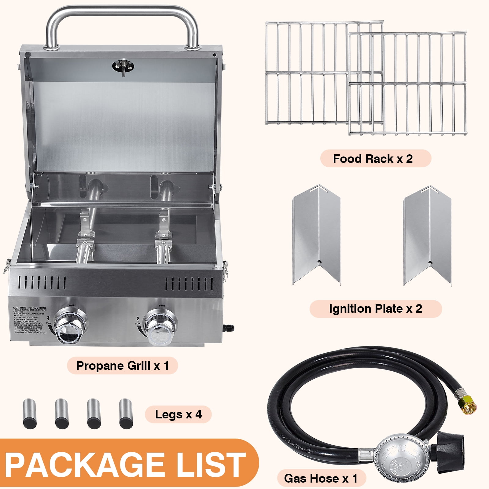 SIXDAYSOX 2-Burner Tabletop Gas Grill, 20,000 BTU Portable Propane Grill with Stainless Steel Grates (22 in x 20 in x 13 in) 3dhsy